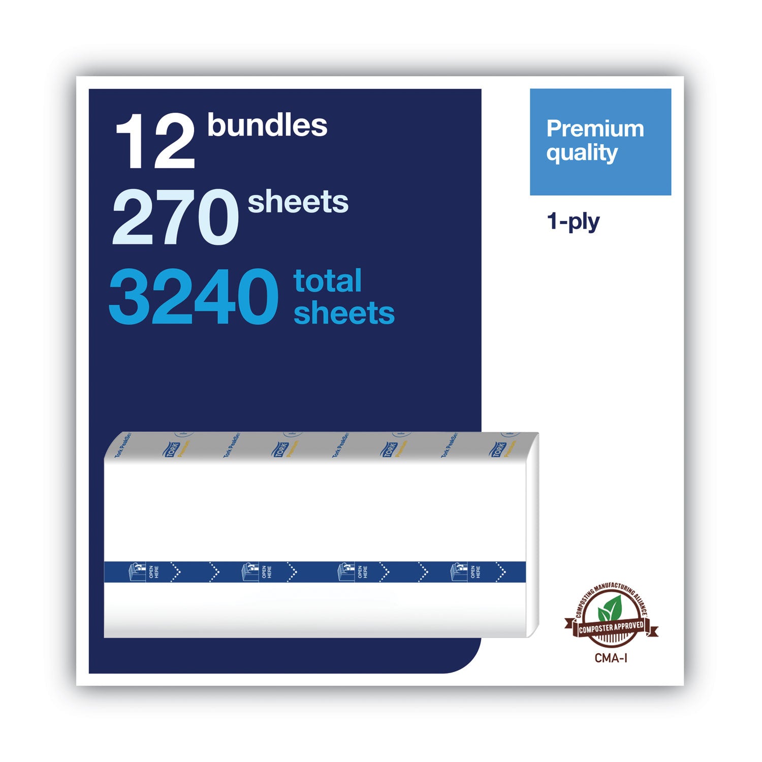 PeakServe Continuous Hand Towel, 1-Ply, 7.91 x 8.85, White, 270 Wipes/Pack, 12 Packs/Carton