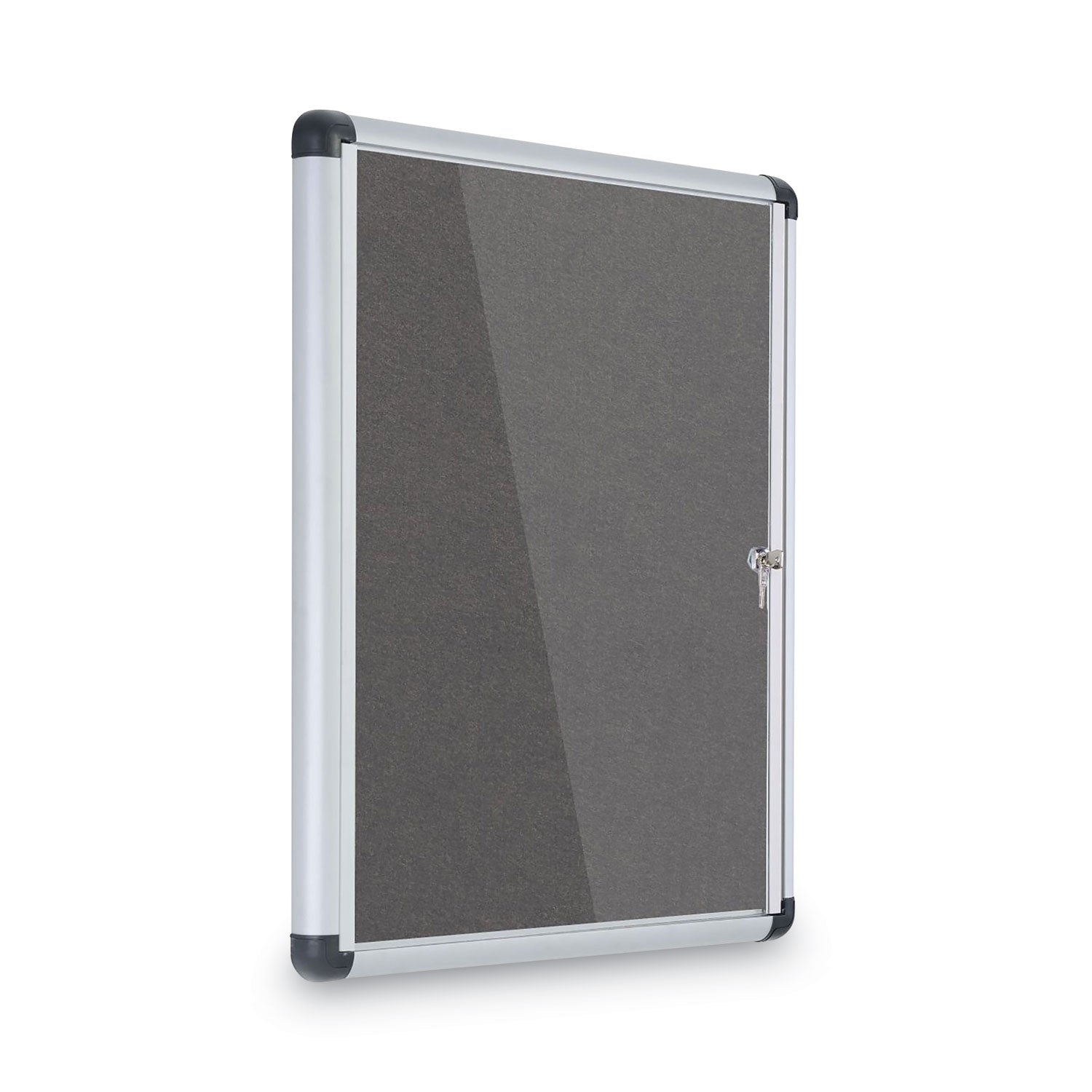 Slim-Line Enclosed Fabric Bulletin Board, One Door, 28 x 38, Gray Surface, Aluminum Frame - 