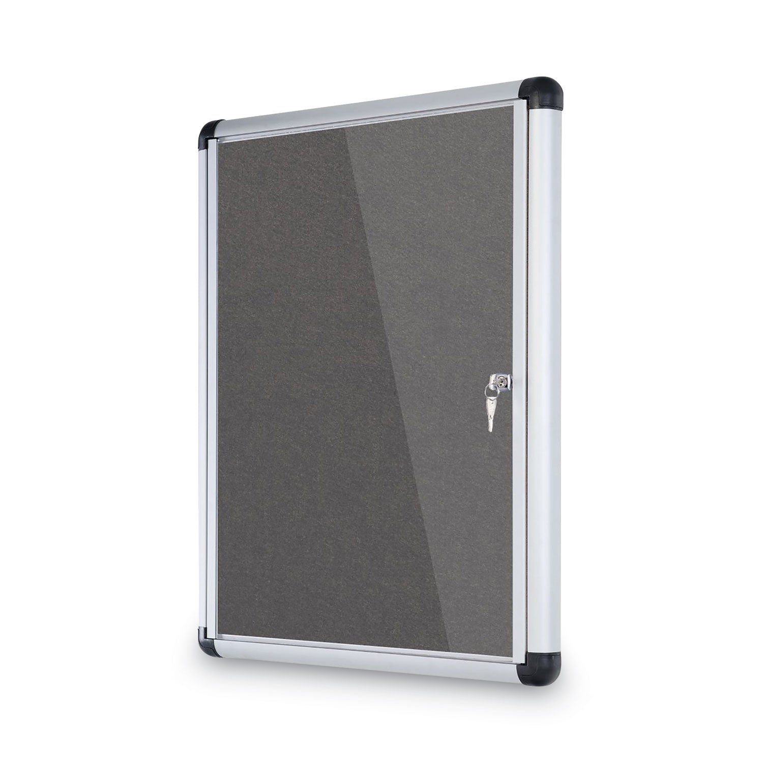 Slim-Line Enclosed Fabric Bulletin Board, One Door, 28 x 38, Gray Surface, Aluminum Frame - 