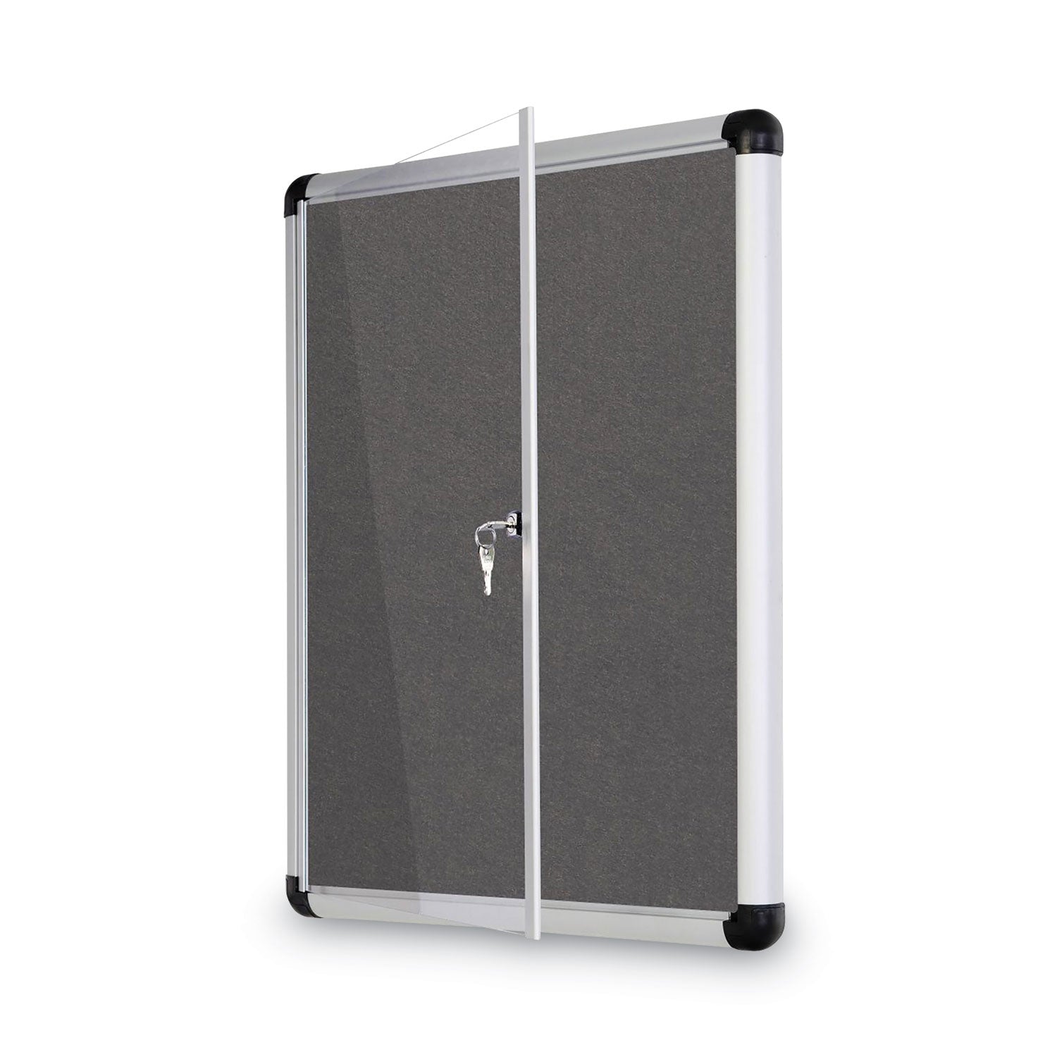 Slim-Line Enclosed Fabric Bulletin Board, One Door, 28 x 38, Gray Surface, Aluminum Frame - 