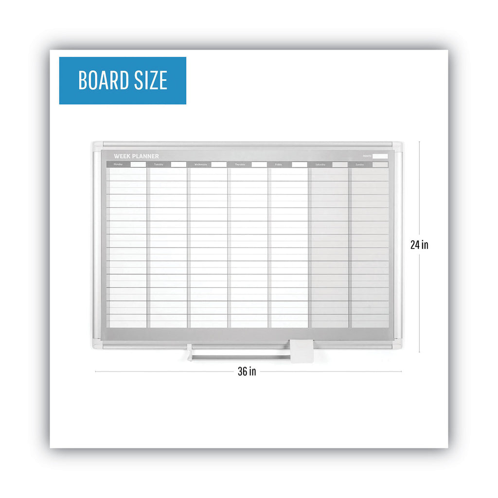 Magnetic Dry Erase Calendar Board, Weekly Calendar, 36 x 24, White Surface, Silver Aluminum Frame - 