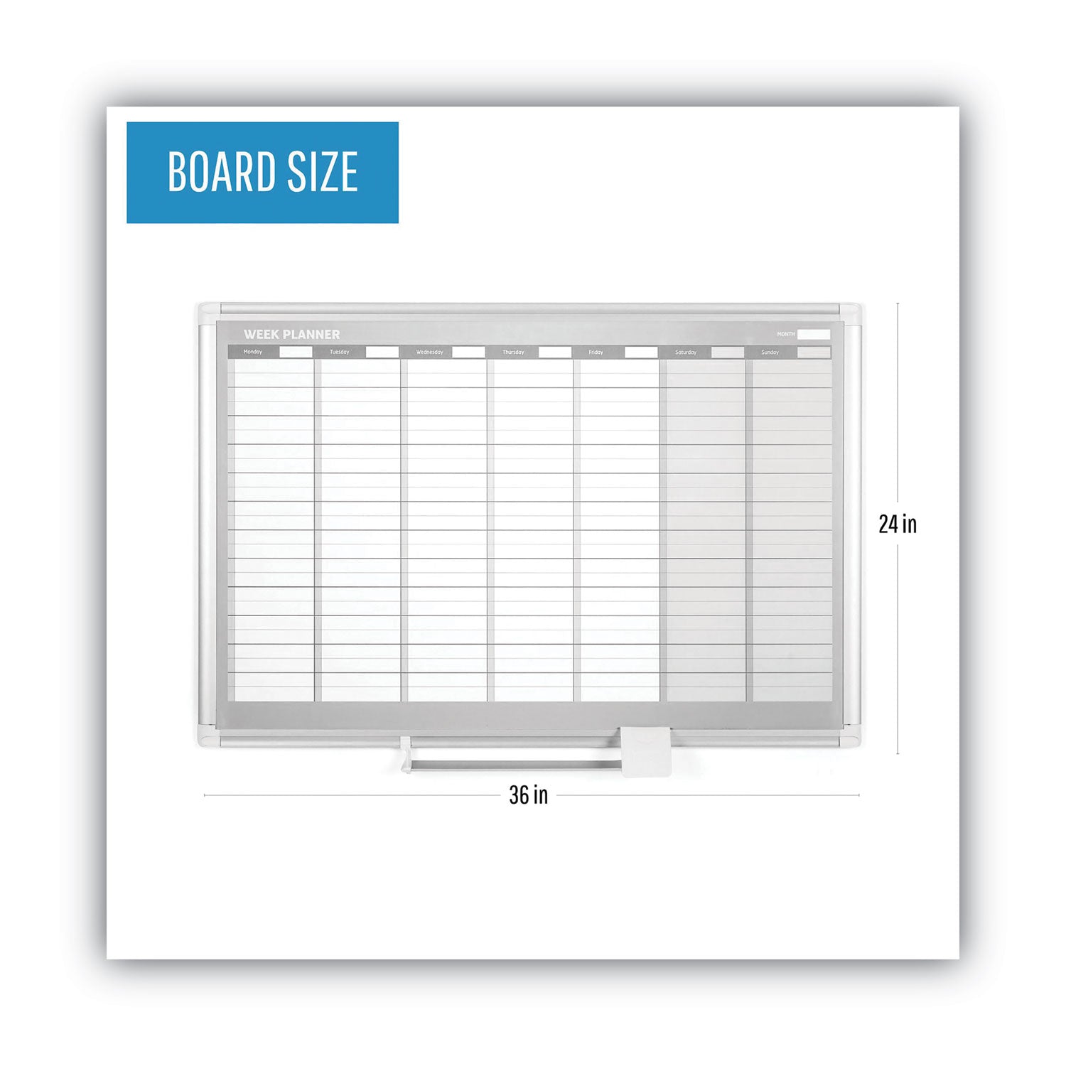 Magnetic Dry Erase Calendar Board, Weekly Calendar, 36 x 24, White Surface, Silver Aluminum Frame - 