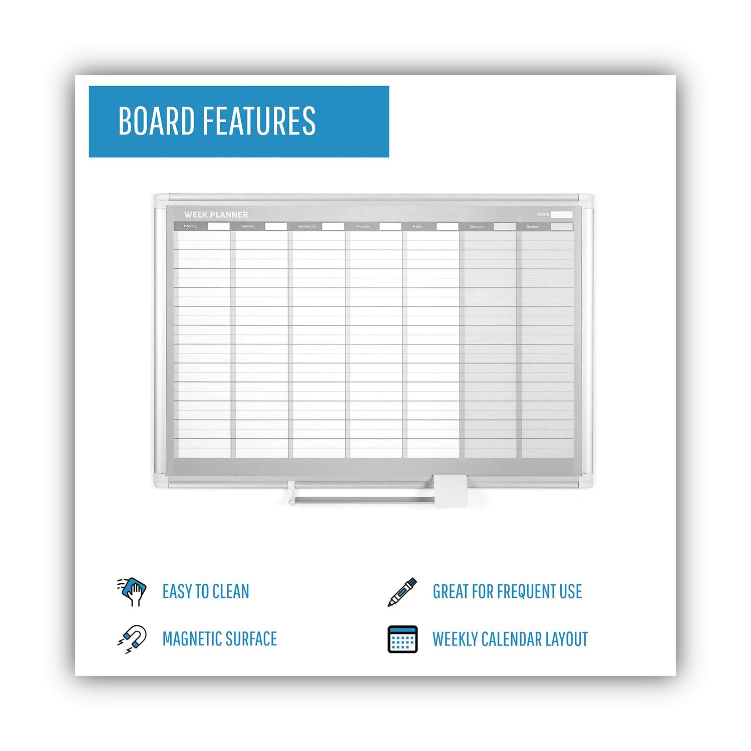 Magnetic Dry Erase Calendar Board, Weekly Calendar, 36 x 24, White Surface, Silver Aluminum Frame - 