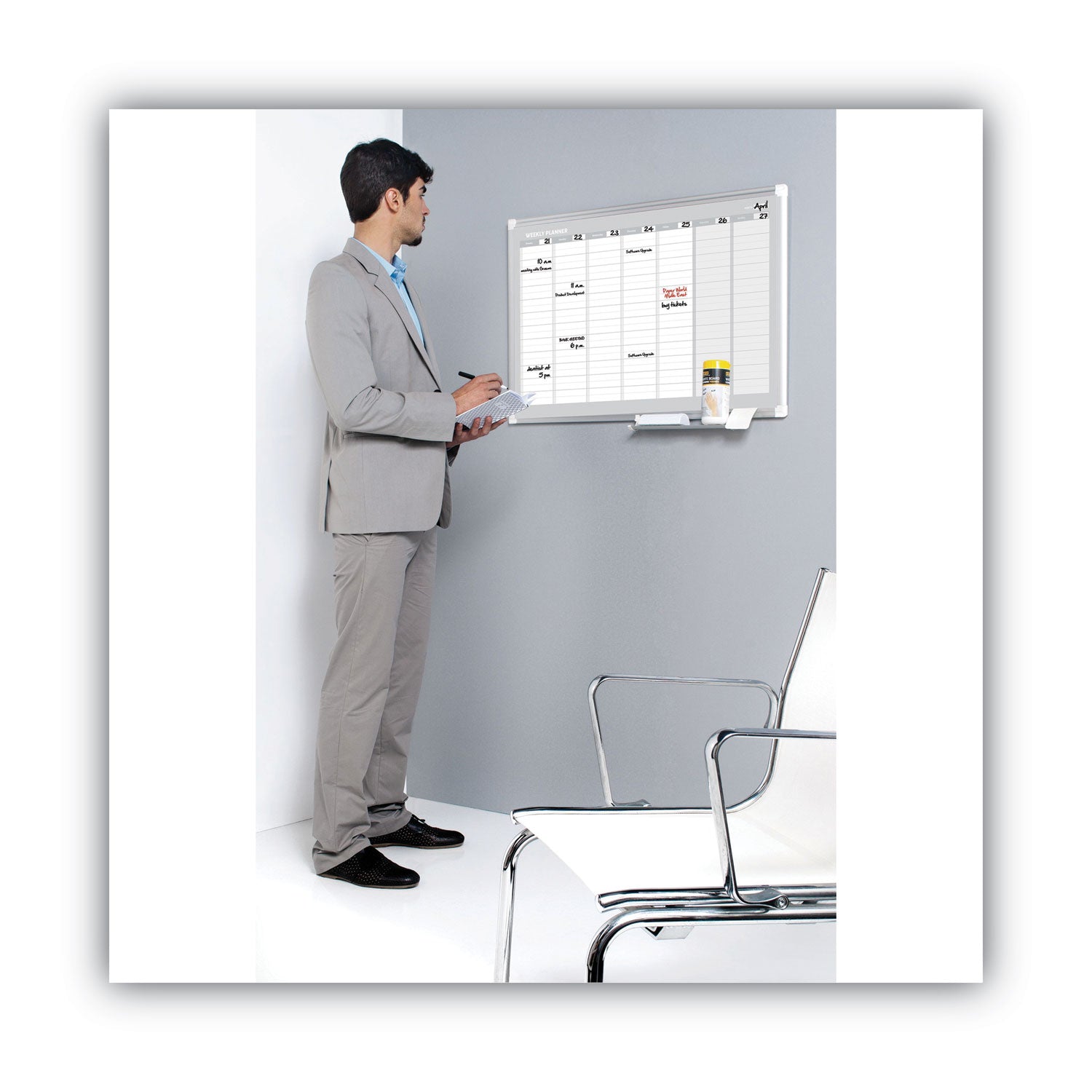 Magnetic Dry Erase Calendar Board, Weekly Calendar, 36 x 24, White Surface, Silver Aluminum Frame - 