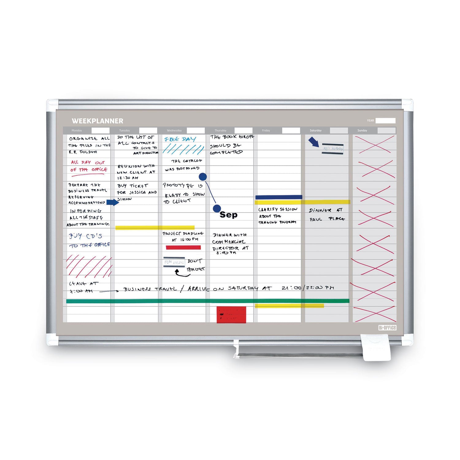 Magnetic Dry Erase Calendar Board, Weekly Calendar, 36 x 24, White Surface, Silver Aluminum Frame - 