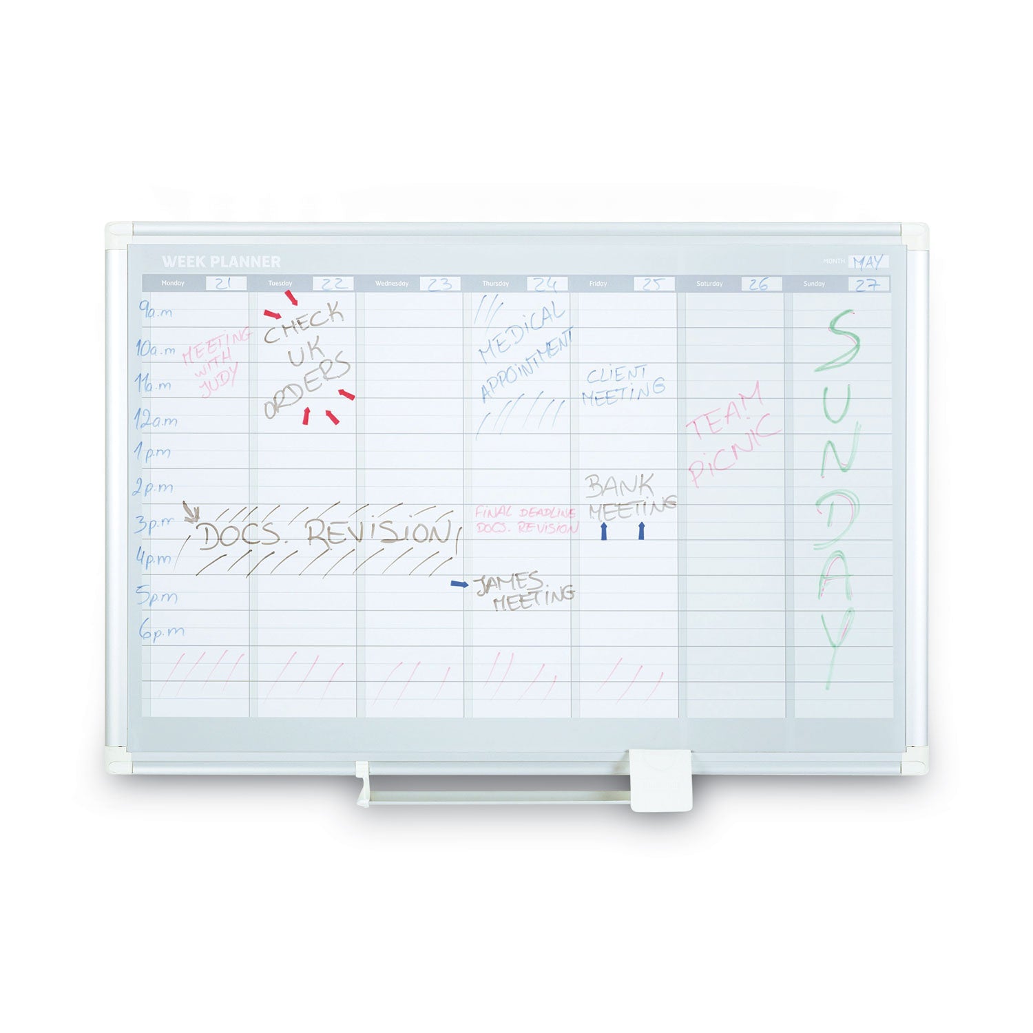 Magnetic Dry Erase Calendar Board, Weekly Calendar, 36 x 24, White Surface, Silver Aluminum Frame - 