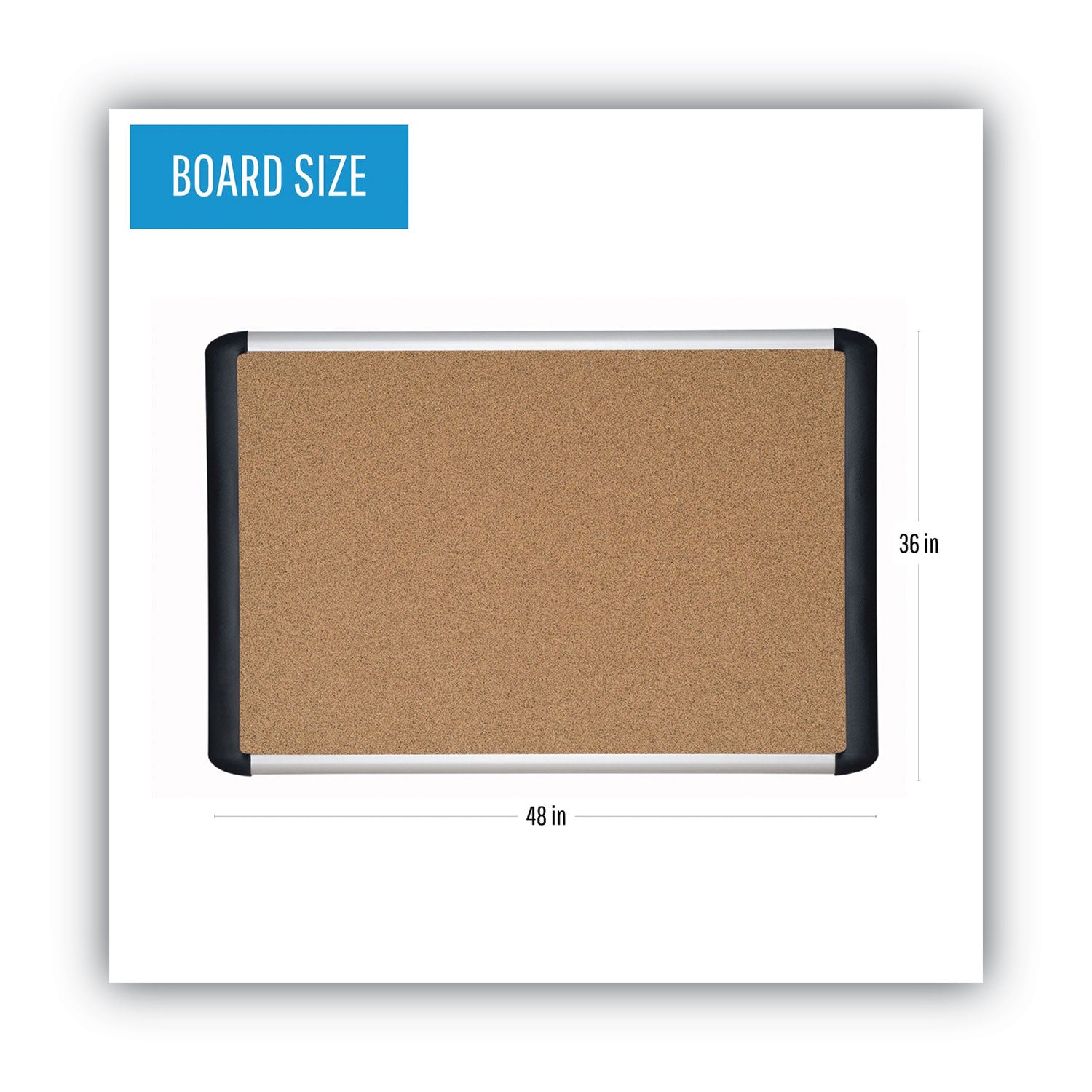 Tech Cork Board, 48 x 36, Tan Surface, Silver/Black Aluminum Frame - 