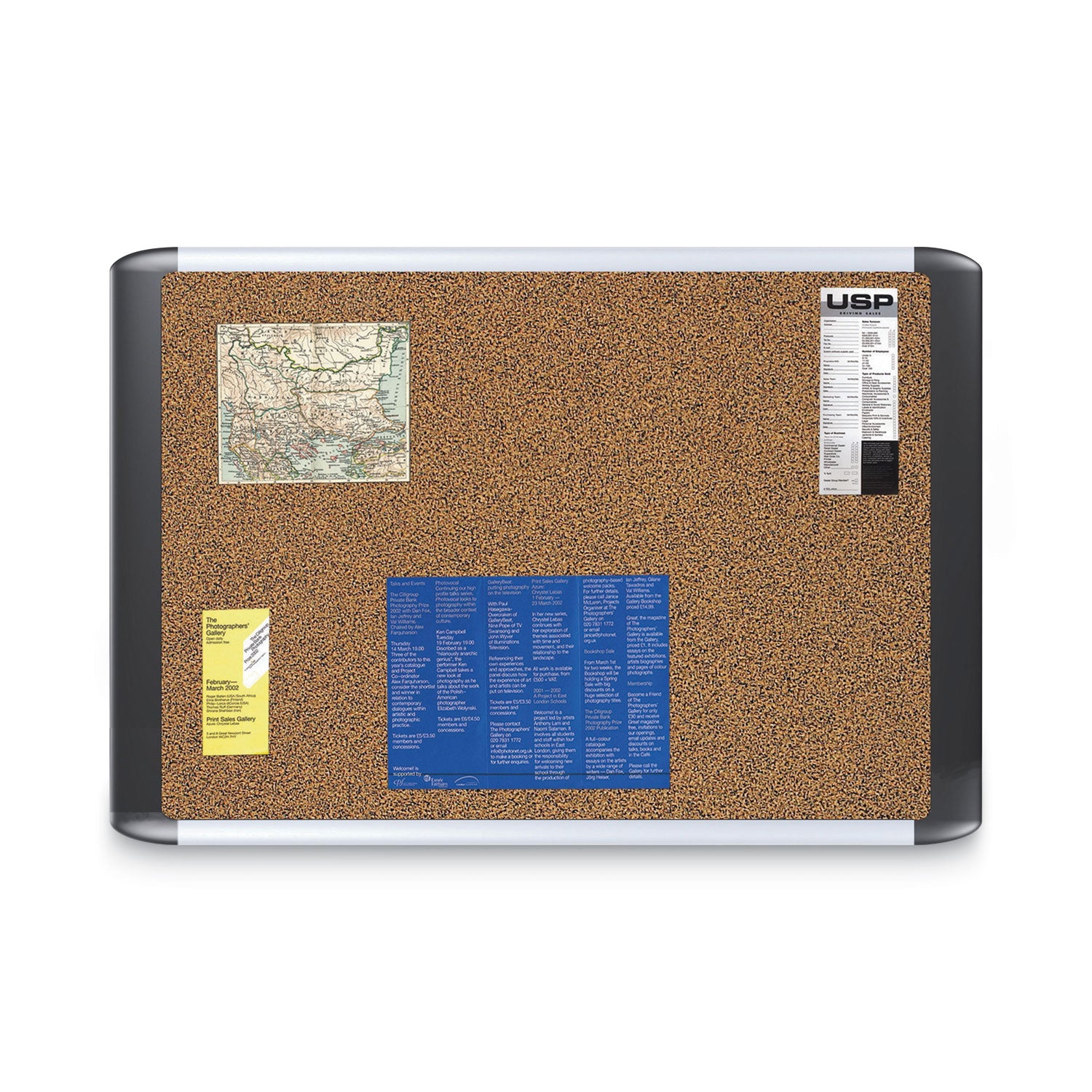 Tech Cork Board, 48 x 36, Tan Surface, Silver/Black Aluminum Frame