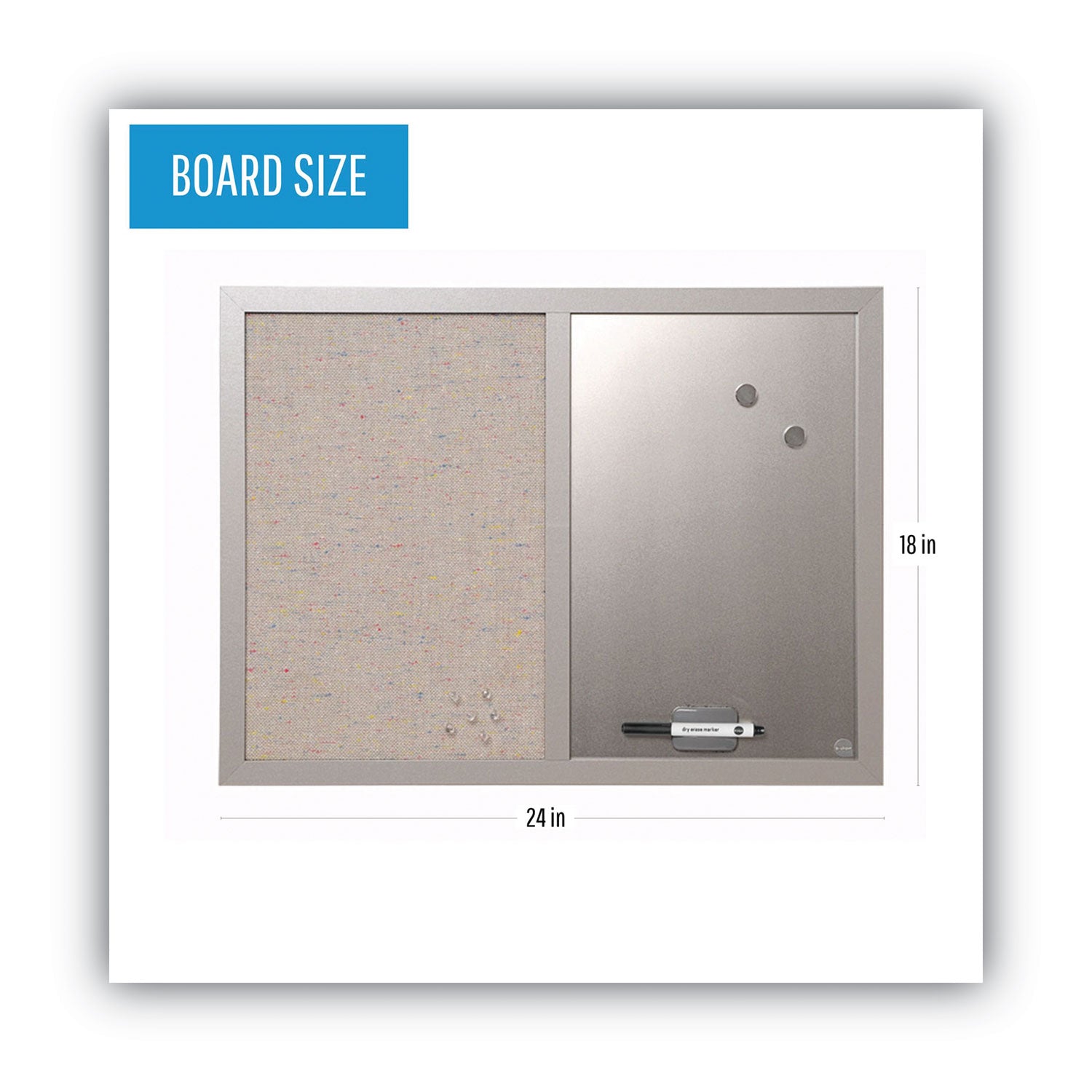 Designer Combo Fabric Bulletin/Dry Erase Board, 24 x 18, Multicolor/Gray Surface, Gray MDF Wood Frame - 