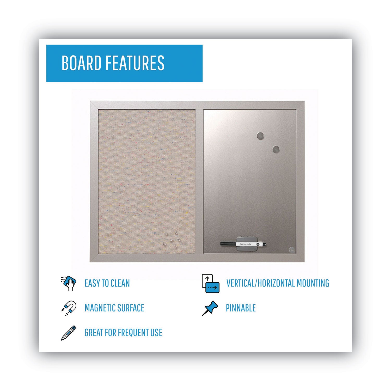 Designer Combo Fabric Bulletin/Dry Erase Board, 24 x 18, Multicolor/Gray Surface, Gray MDF Wood Frame - 
