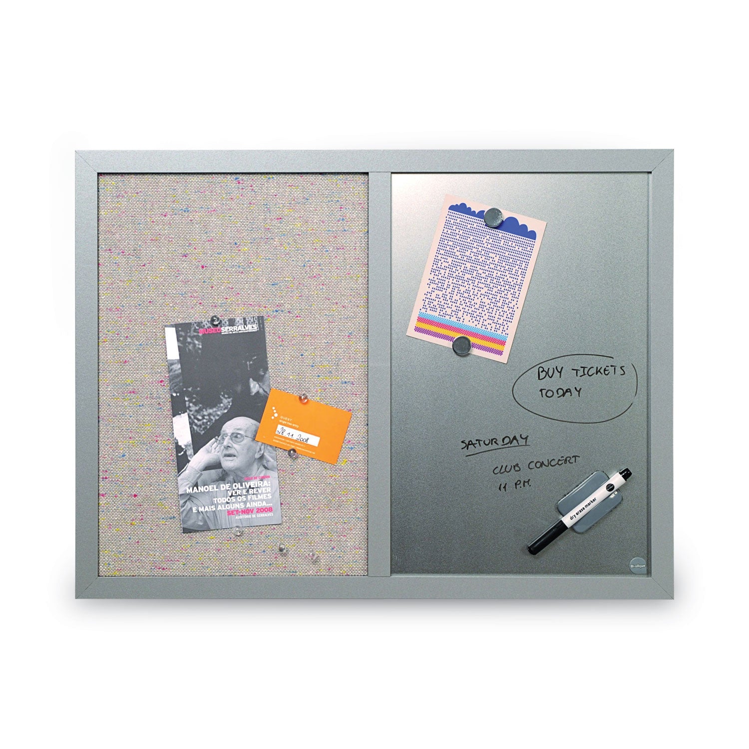 Designer Combo Fabric Bulletin/Dry Erase Board, 24 x 18, Multicolor/Gray Surface, Gray MDF Wood Frame - 