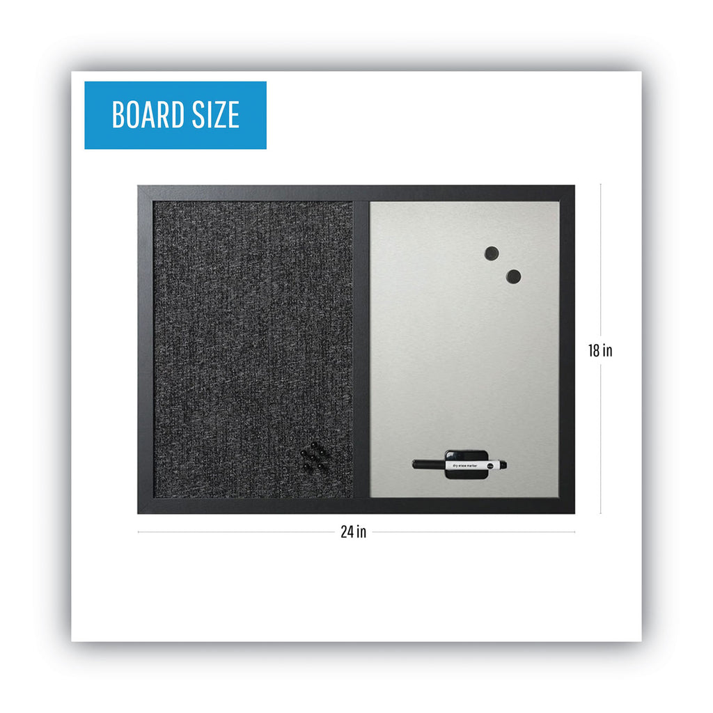 Designer Combo Fabric Bulletin/Dry Erase Board, 24 x 18, Charcoal/Gray Surface, Black MDF Wood Frame - 