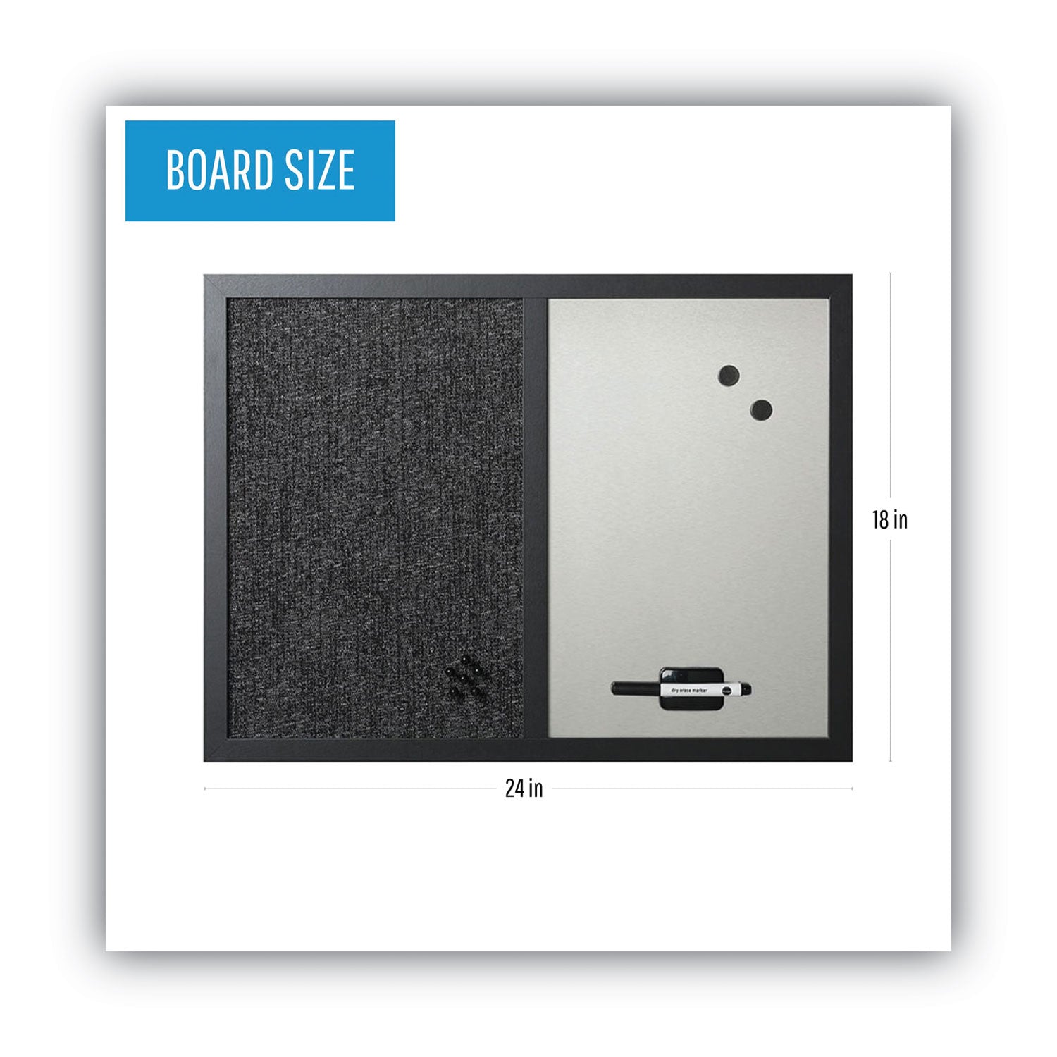 Designer Combo Fabric Bulletin/Dry Erase Board, 24 x 18, Charcoal/Gray Surface, Black MDF Wood Frame - 