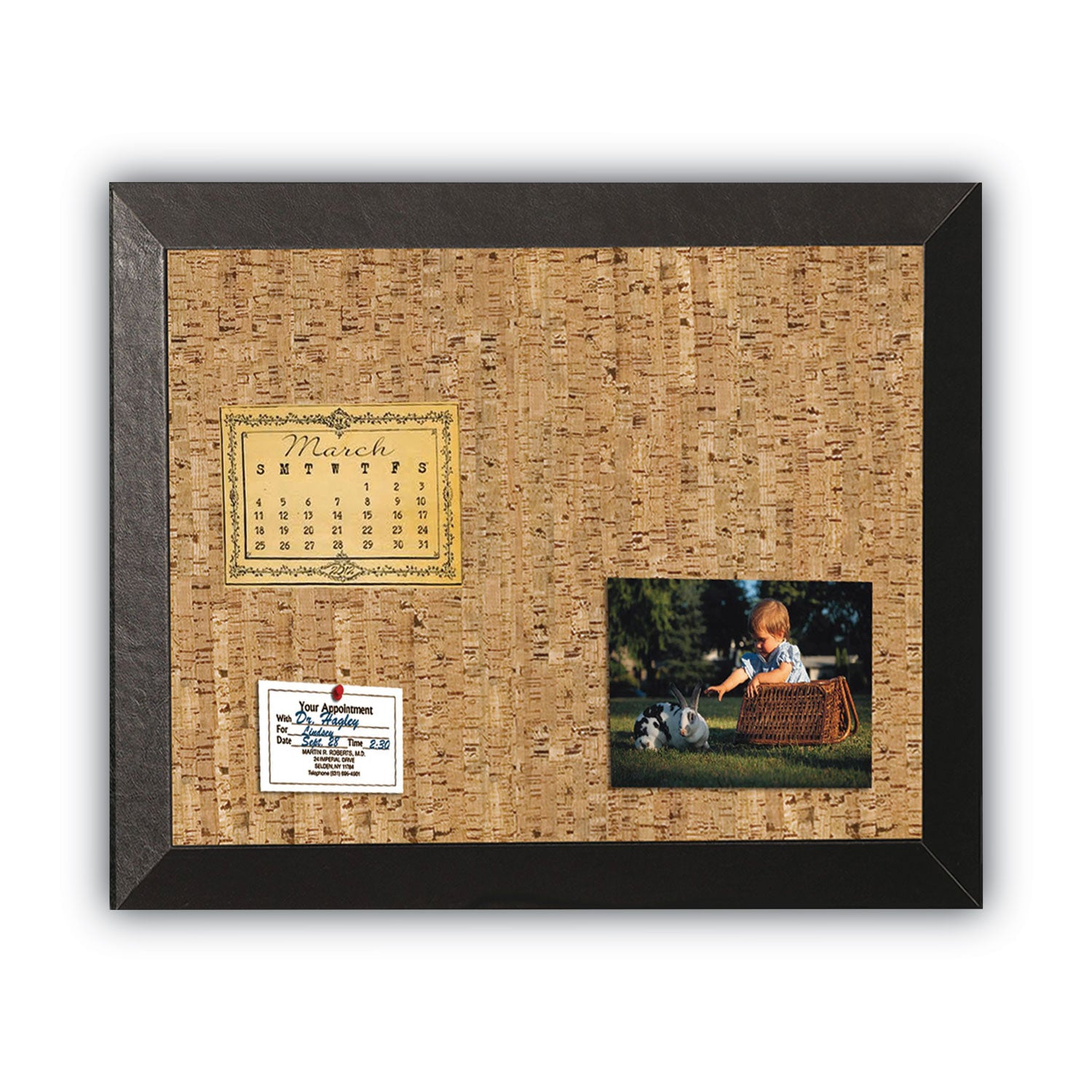 Natural Cork Bulletin Board, 36 x 24, Tan Surface, Black Wood Frame - 