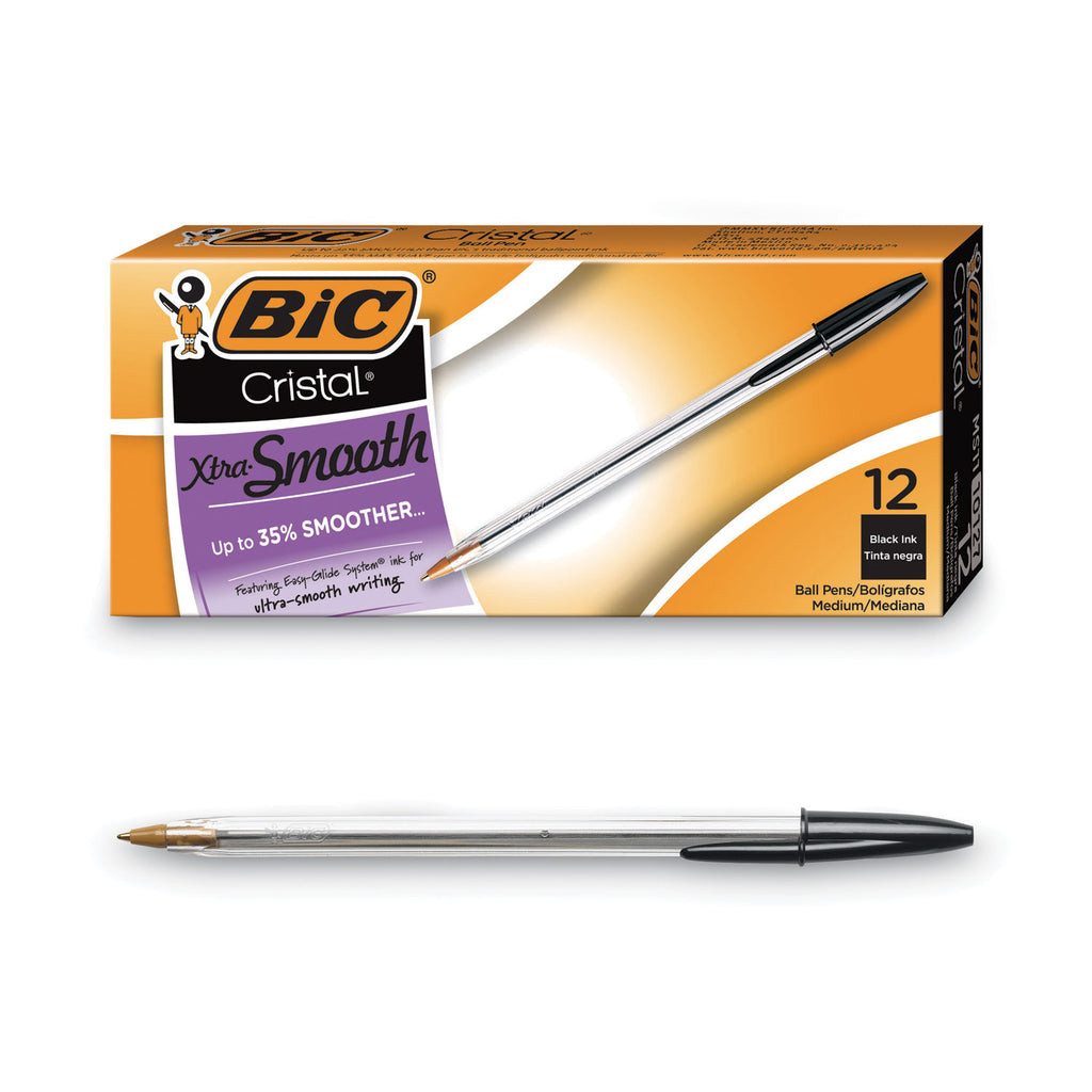 Cristal Xtra Smooth Ballpoint Pen, Stick, Medium 1 mm, Black Ink, Clear Barrel, Dozen