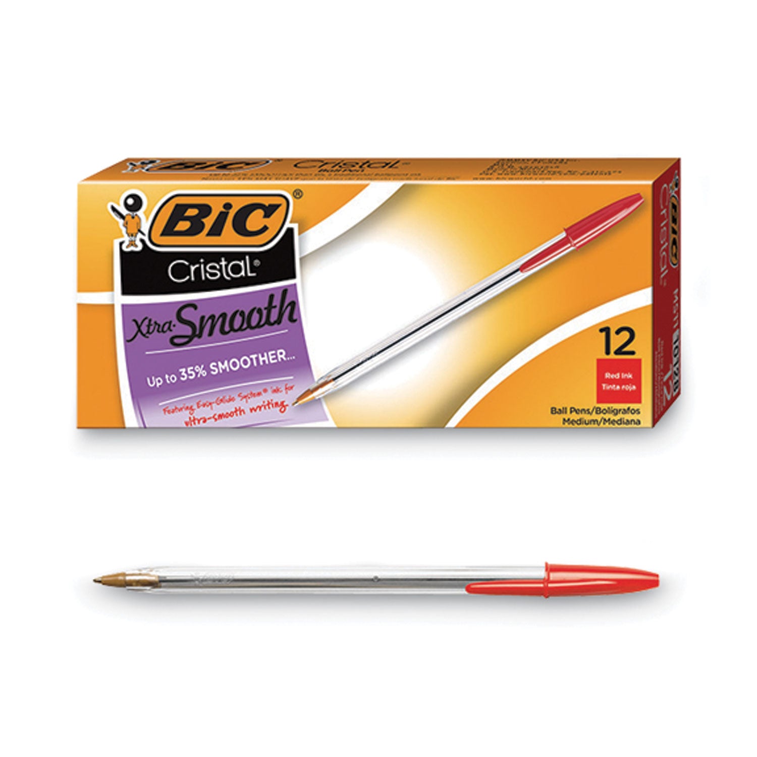 Cristal Xtra Smooth Ballpoint Pen, Stick, Medium 1 mm, Red Ink, Clear Barrel, Dozen - 