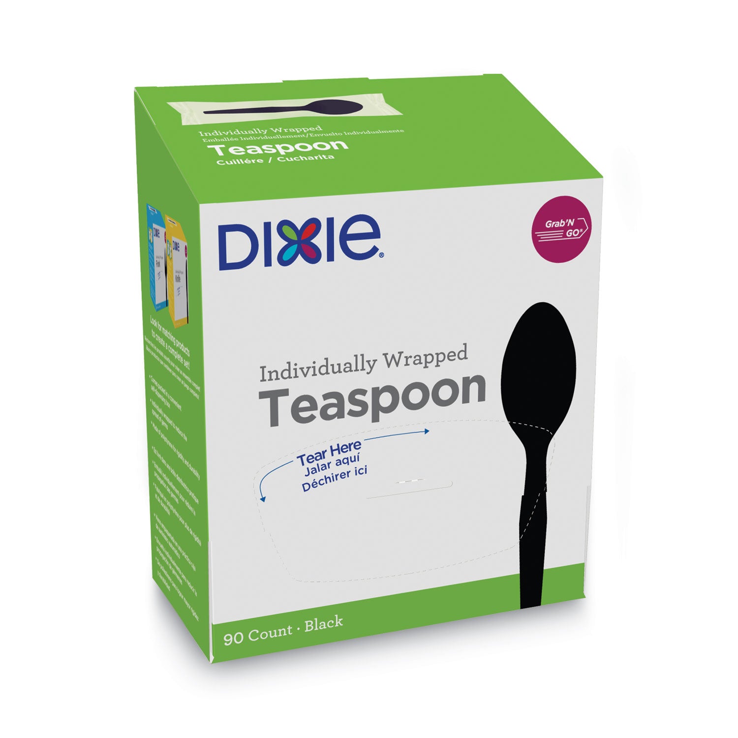 GrabN Go Wrapped Cutlery, Teaspoons, Black, 90/Box, 6 Box/Carton