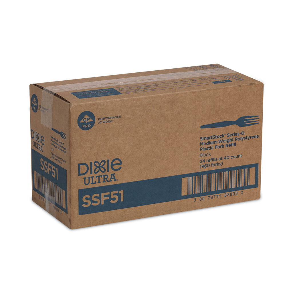 SmartStock Plastic Cutlery Refill, Forks, 6.5", Series-O Mediumweight, Black, 40/Pack, 24 Packs/Carton