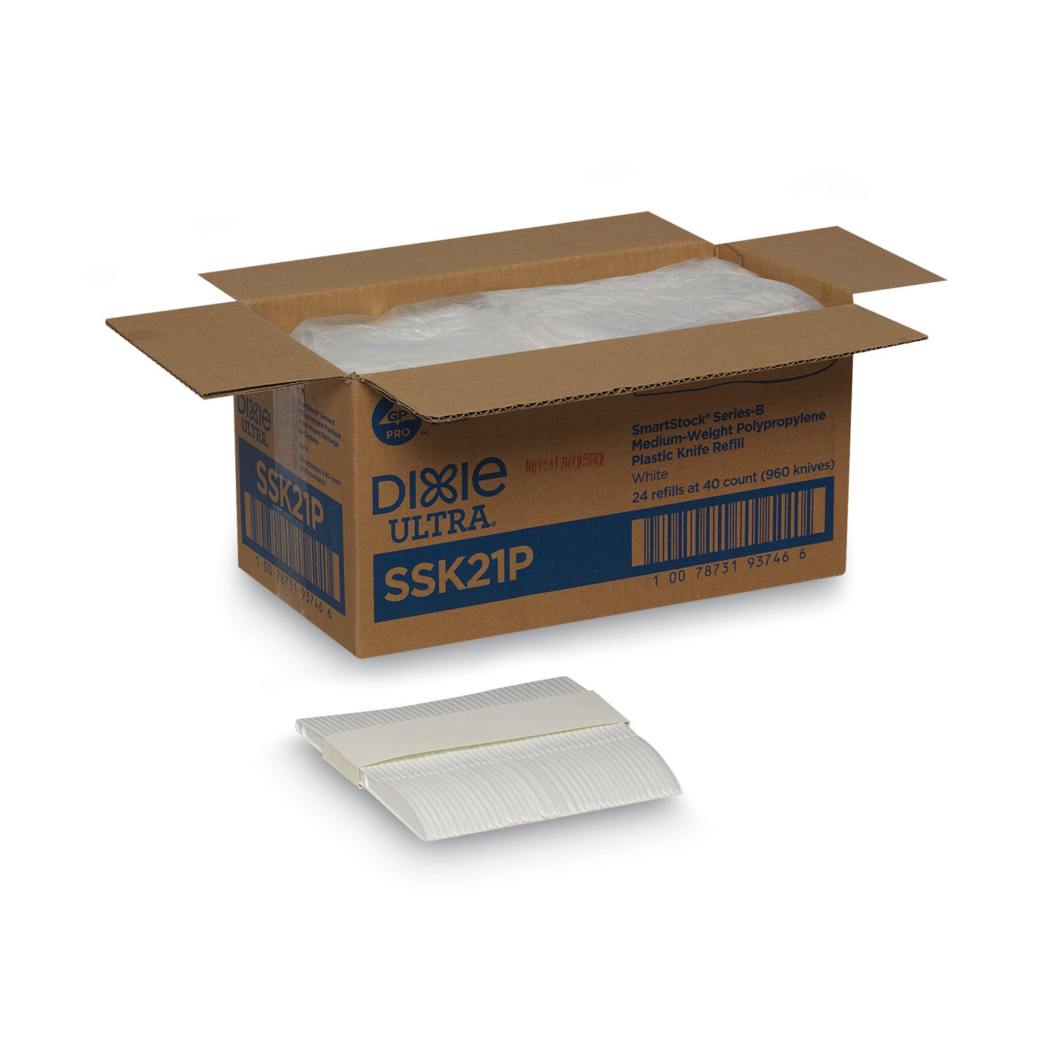 SmartStock Plastic Cutlery Refill, Knife, 6.3", Series-B Mediumweight, White, 40/Pack, 24 Packs/Carton
