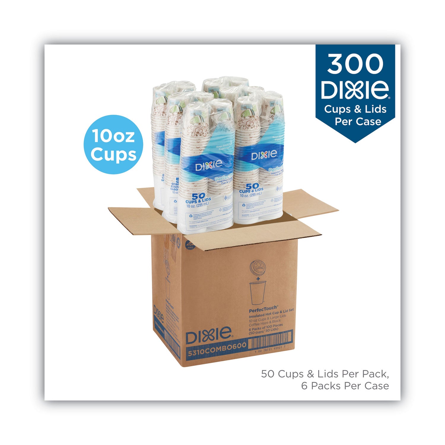 PerfecTouch Paper Hot Cups and Lids Combo, 10 oz, Multicolor, 50 Cups/Lids/Pack, 6 Packs/Carton