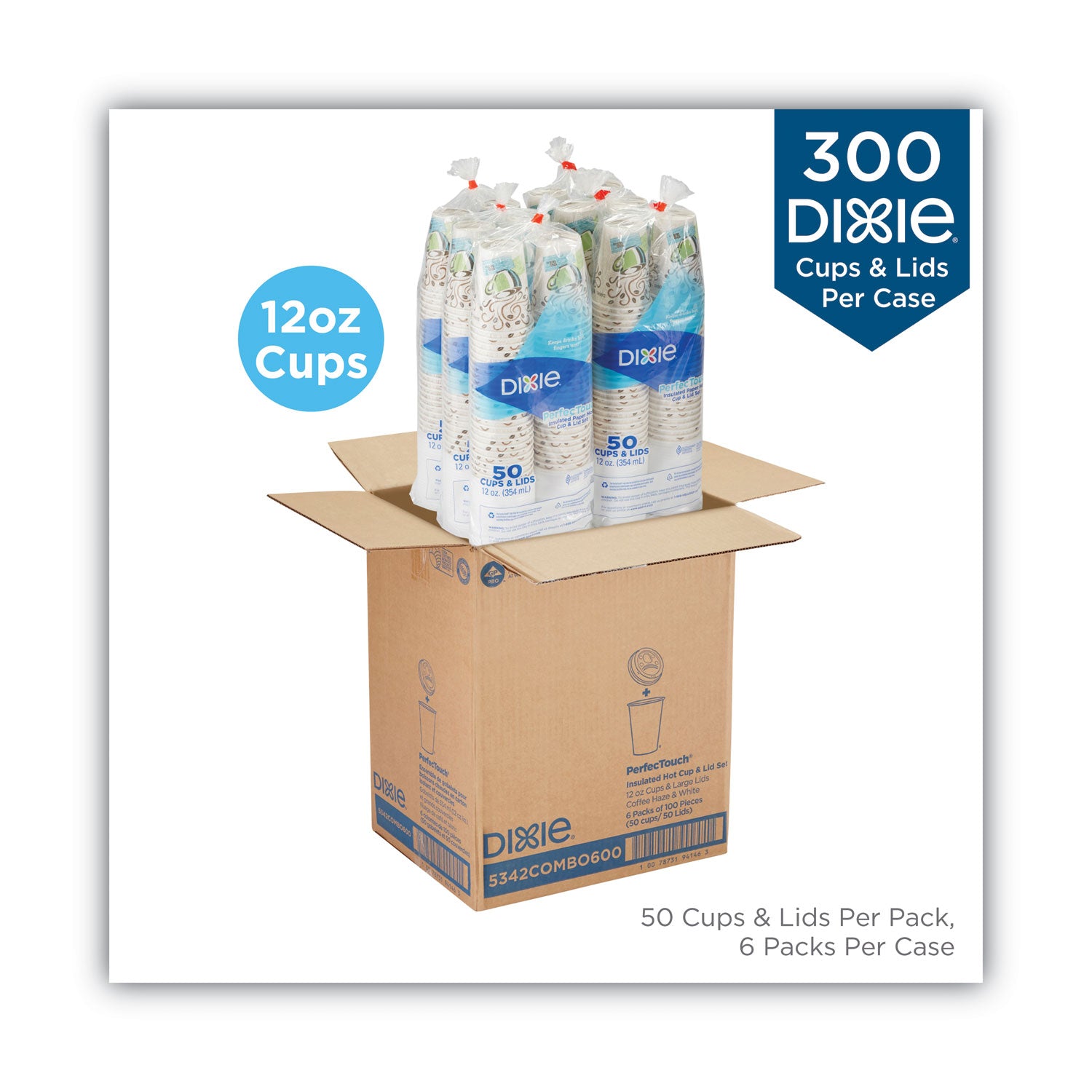 PerfecTouch Paper Hot Cups and Lids Combo, 12 oz, Multicolor, 50 Cups/Lids/Pack, 6/Packs/Carton
