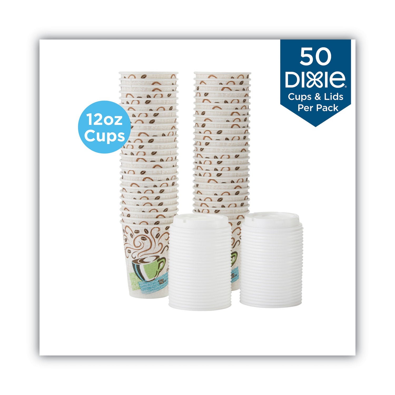 PerfecTouch Paper Hot Cups and Lids Combo, 12 oz, Multicolor, 50 Cups/Lids/Pack