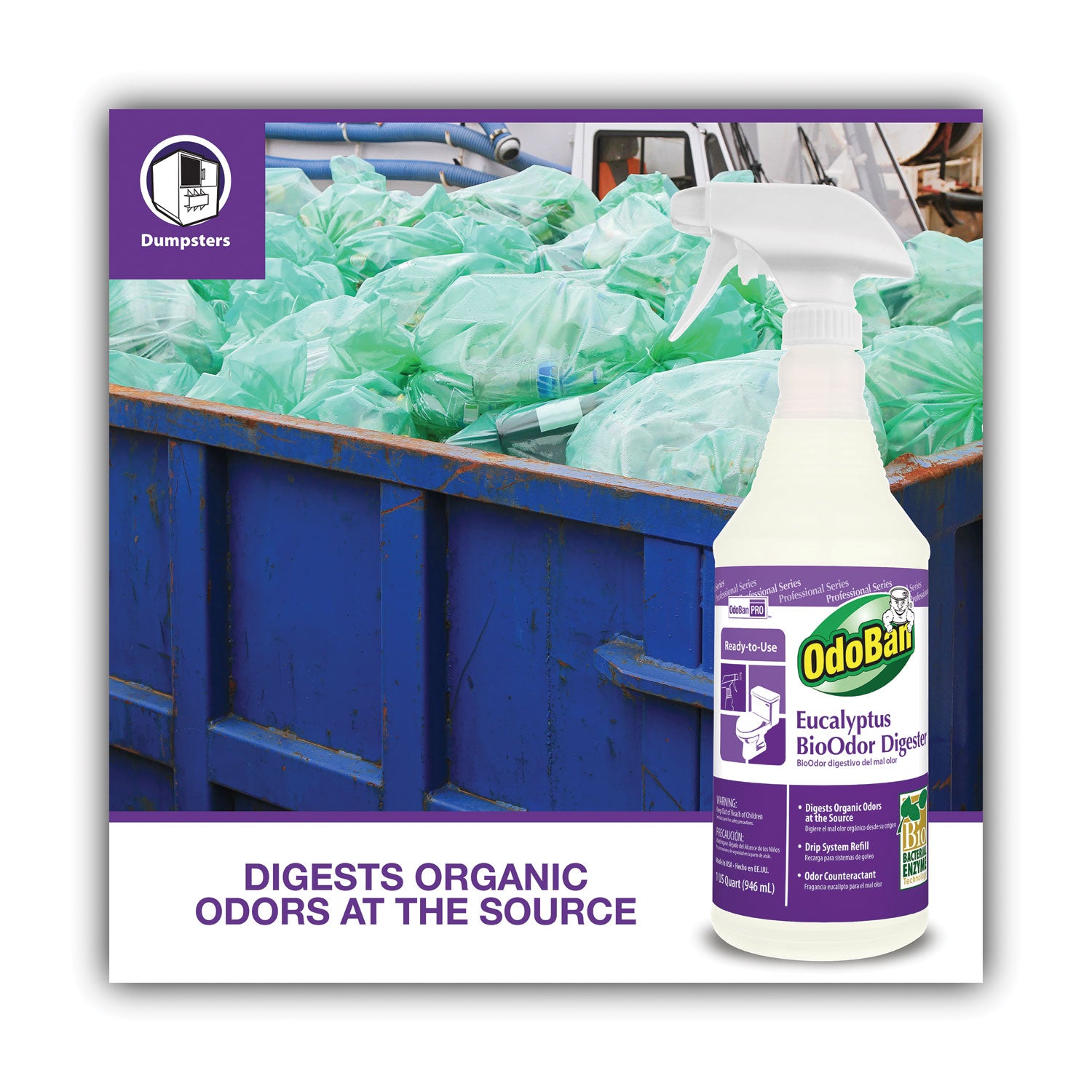 OdoBan Eucalyptus BioOdor Digester Spray - Ready-To-Use - 32 fl oz (1 quart) - Lavender Scent - 12 / Carton - Antibacterial - Purple - 2