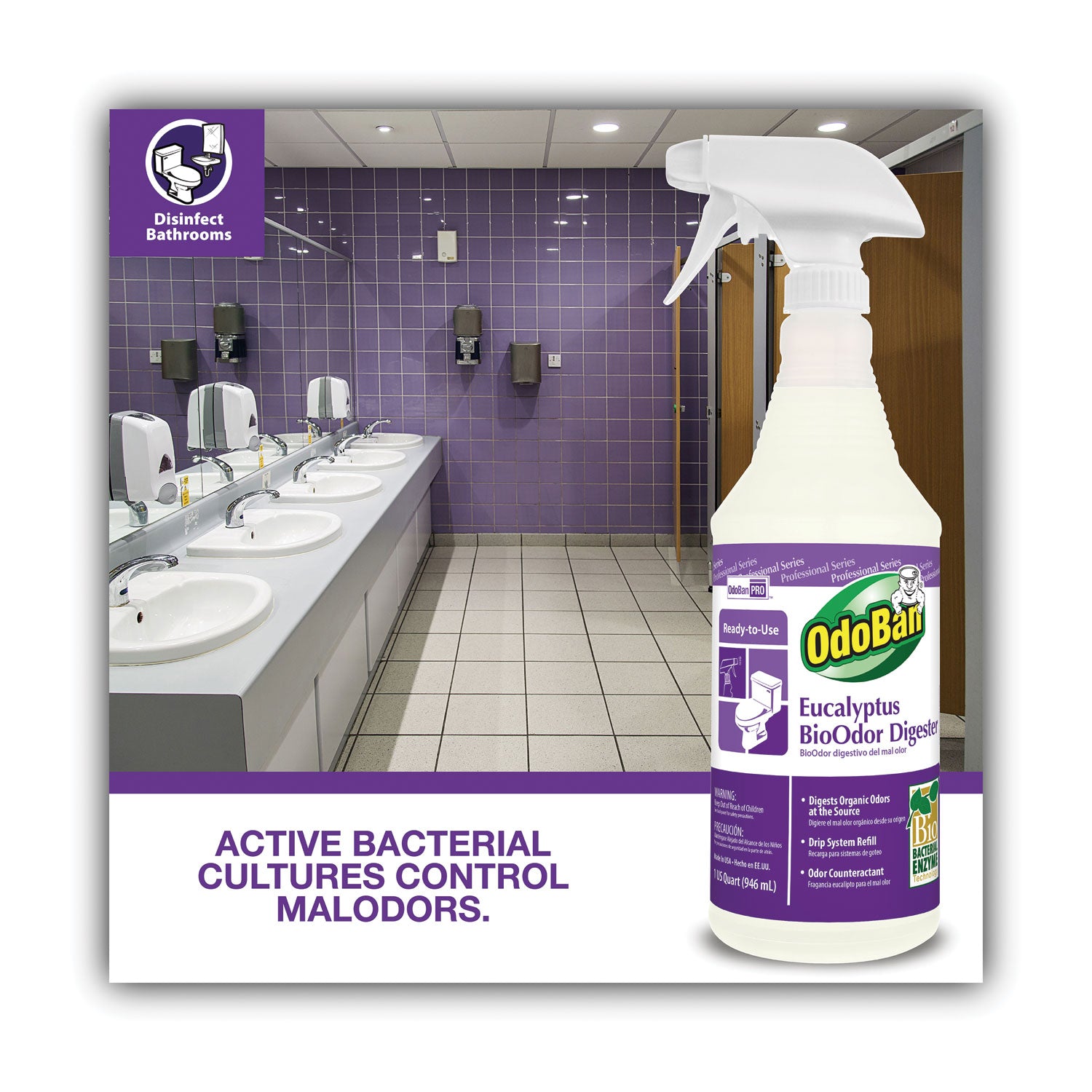 OdoBan Eucalyptus BioOdor Digester Spray - Ready-To-Use - 32 fl oz (1 quart) - Lavender Scent - 12 / Carton - Antibacterial - Purple - 3