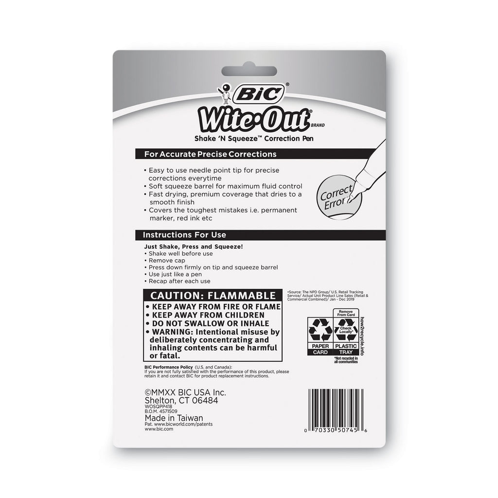 Wite-Out Shake 'n Squeeze Correction Pen, 8 mL, White, 4/Pack