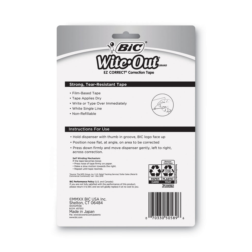 Wite-Out EZ Correct Correction Tape, Non-Refillable, Randomly Assorted Applicator Colors, 0.17" x 400", 4/Pack