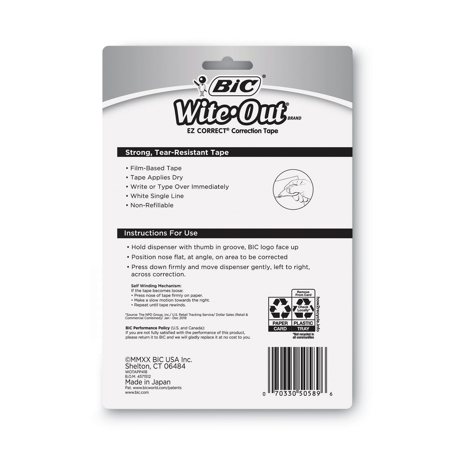 Wite-Out EZ Correct Correction Tape, Non-Refillable, Randomly Assorted Applicator Colors, 0.17" x 400", 4/Pack - 