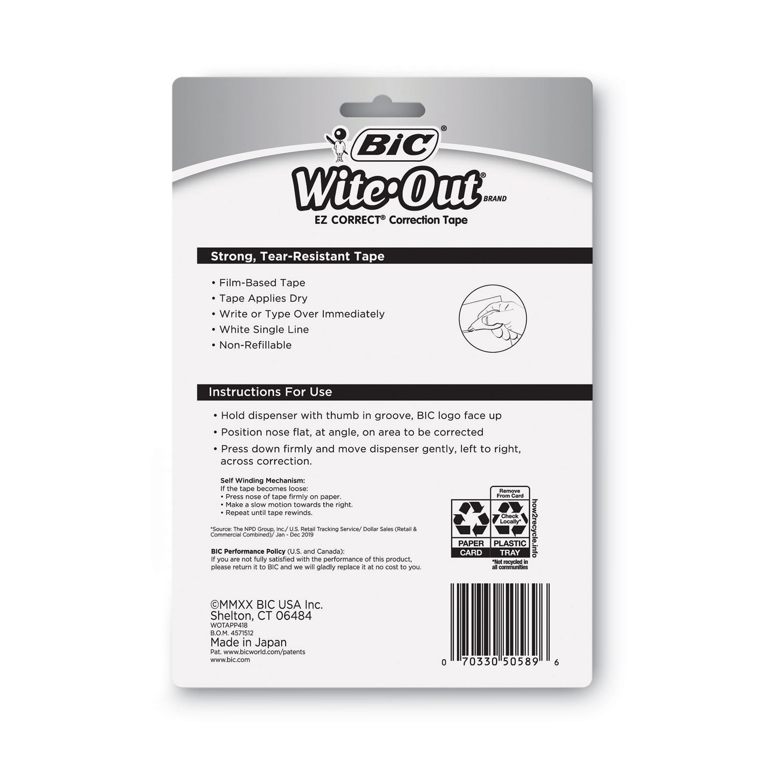 Wite-Out EZ Correct Correction Tape, Non-Refillable, Randomly Assorted Applicator Colors, 0.17" x 400", 4/Pack