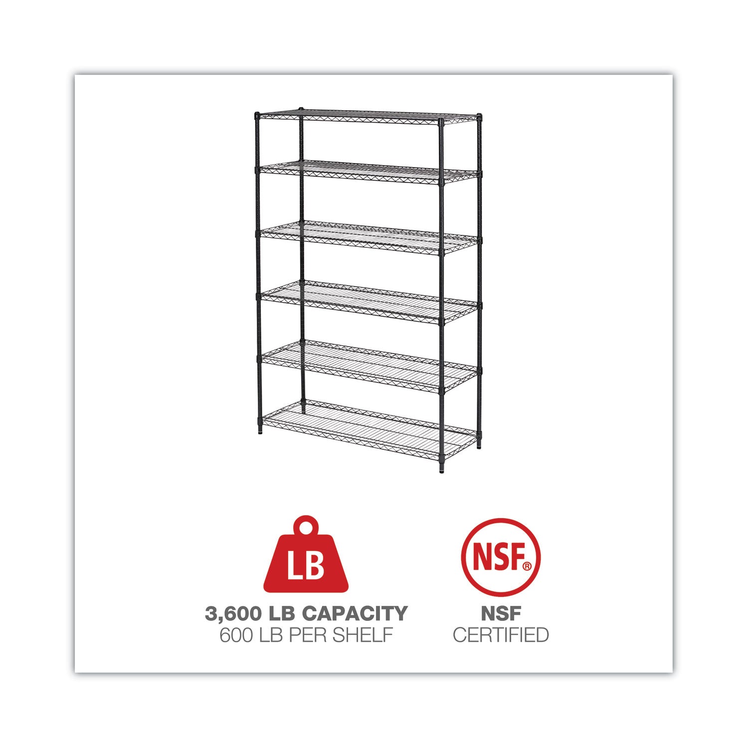 NSF Certified 6-Shelf Wire Shelving Kit, 48w x 18d x 72h, Black Anthracite
