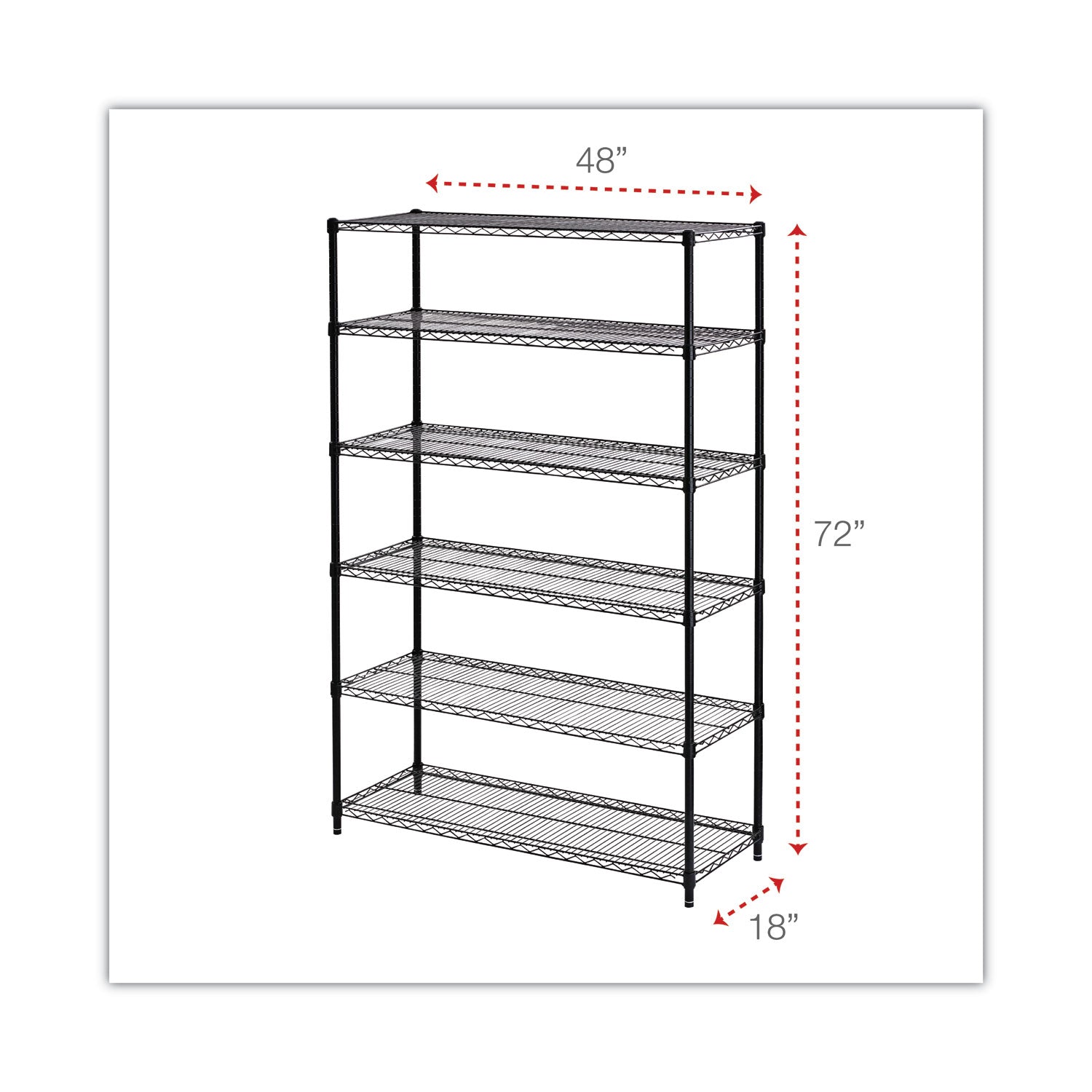 NSF Certified 6-Shelf Wire Shelving Kit, 48w x 18d x 72h, Black