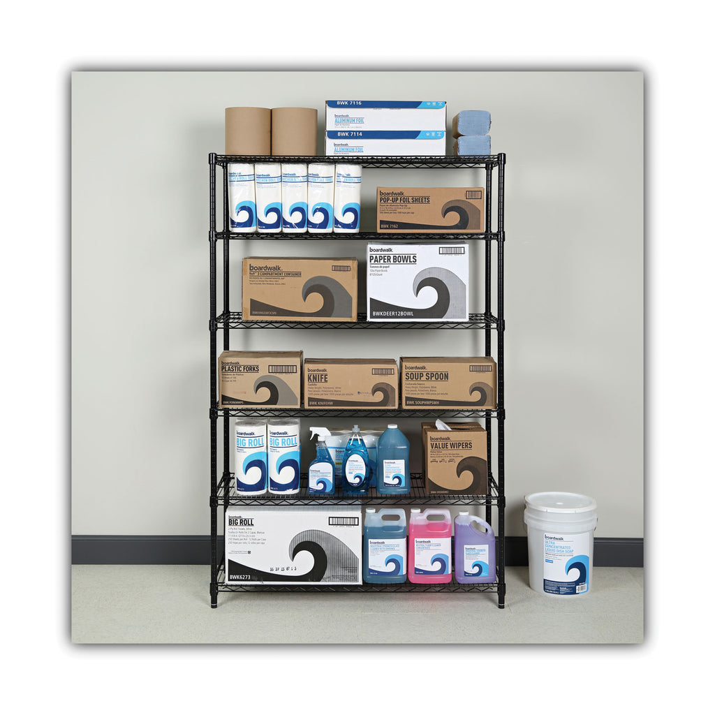 NSF Certified 6-Shelf Wire Shelving Kit, 48w x 18d x 72h, Black