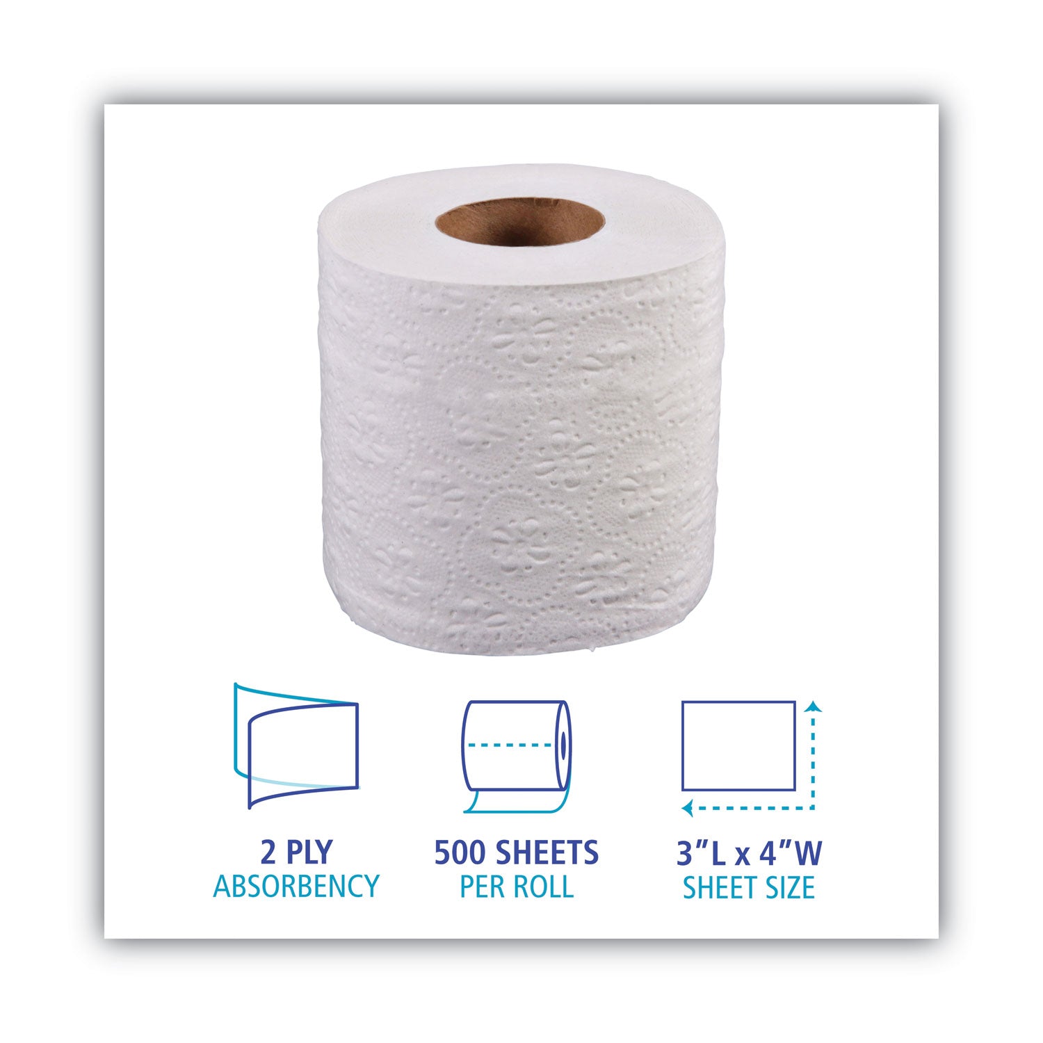 2-Ply Toilet Tissue, Standard, Septic Safe, White, 4 x 3, 500 Sheets/Roll, 96 Rolls/Carton - 