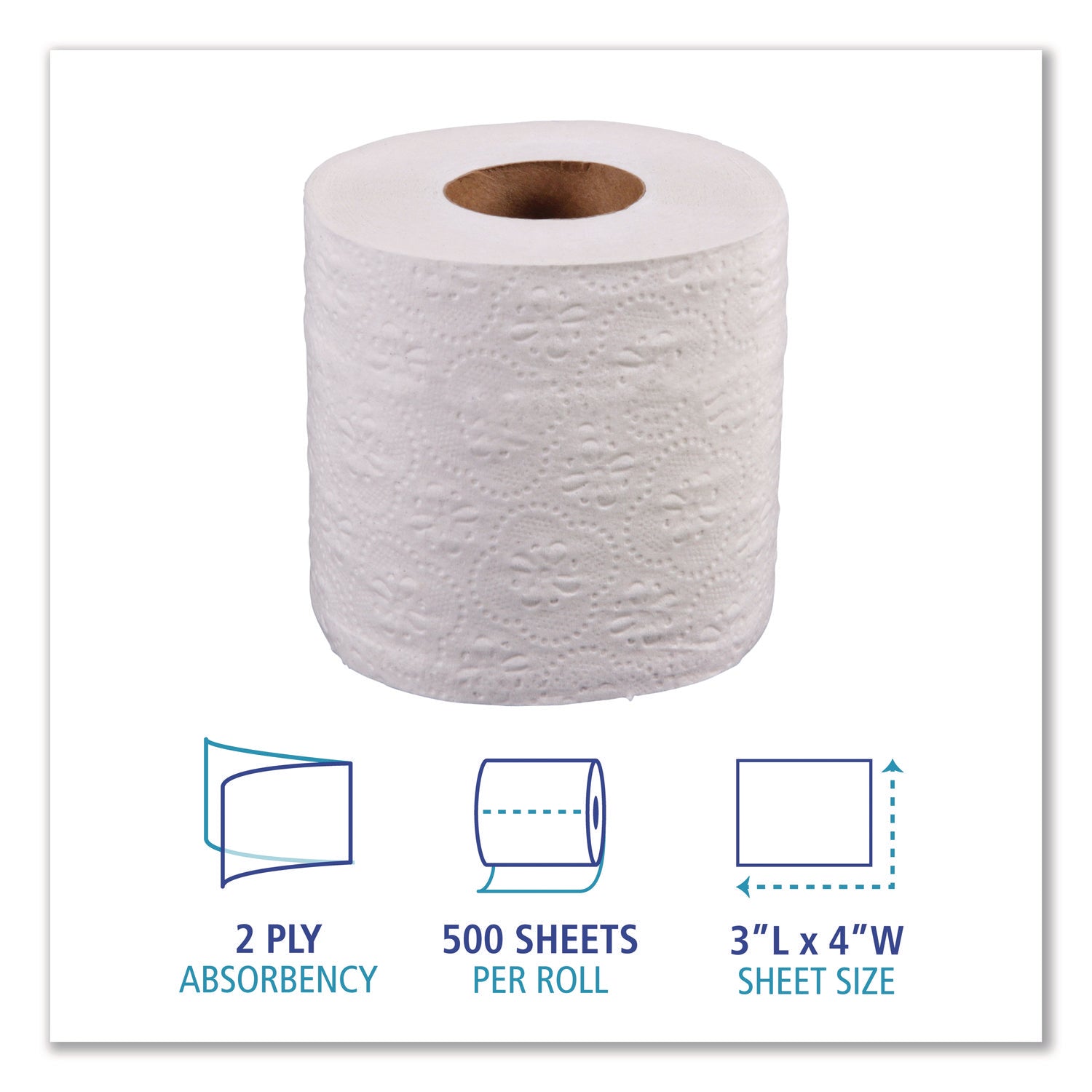 2-Ply Toilet Tissue, Standard, Septic Safe, White, 4 x 3, 500 Sheets/Roll, 96 Rolls/Carton