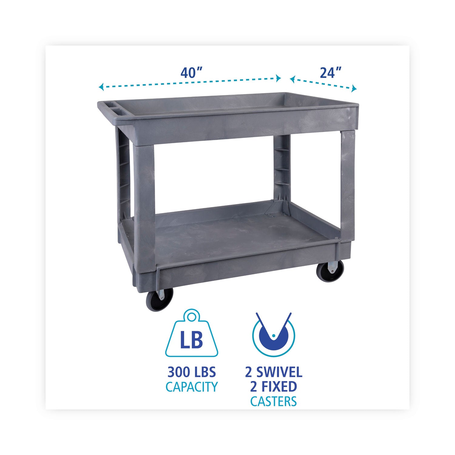 two-shelf-utility-cart-plastic-2-shelves-300-lb-capacity-24-x-40-x-315-gray_bwk4024ucgra - 2