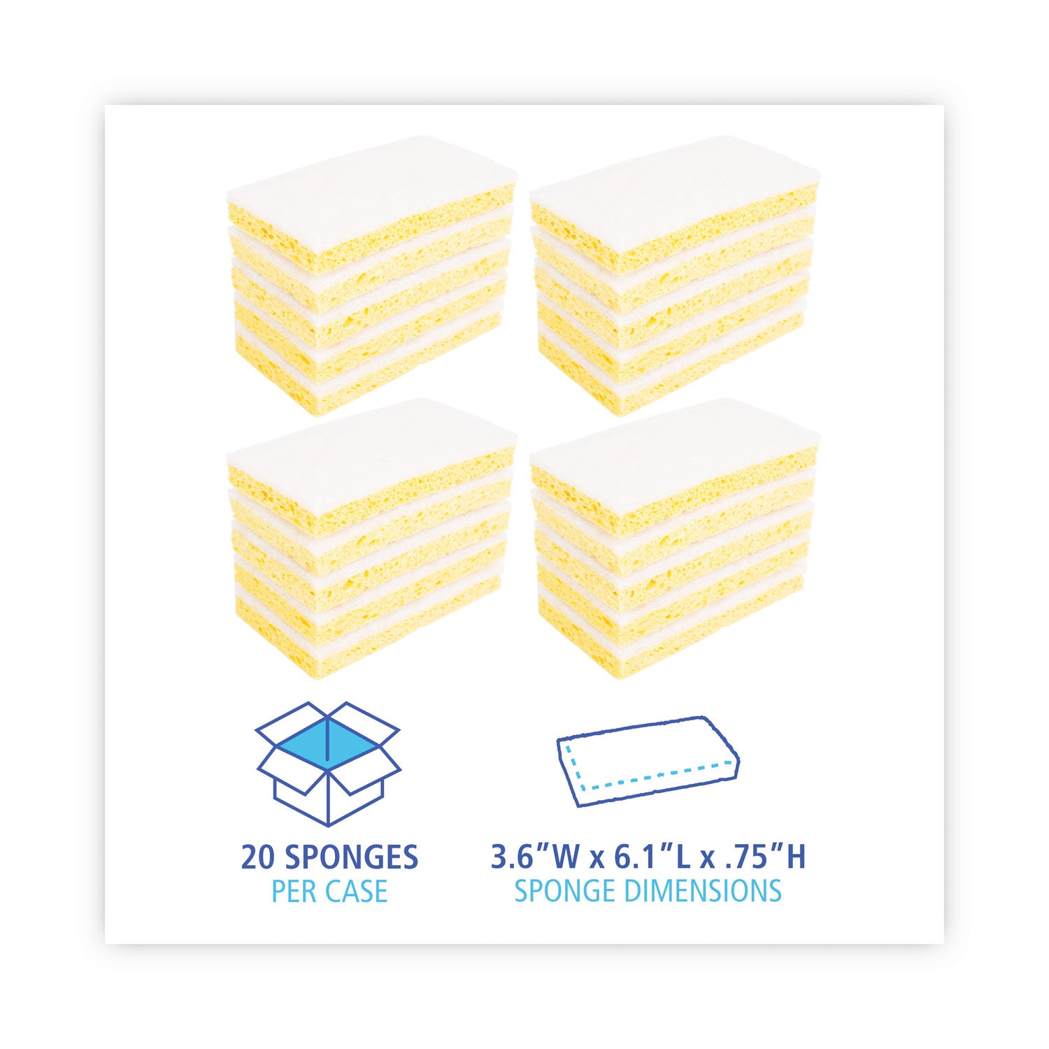 Scrubbing Sponge, Light Duty, 3.6 x 6.1, 0.7" Thick, Yellow/White, Individually Wrapped, 20/Carton - 