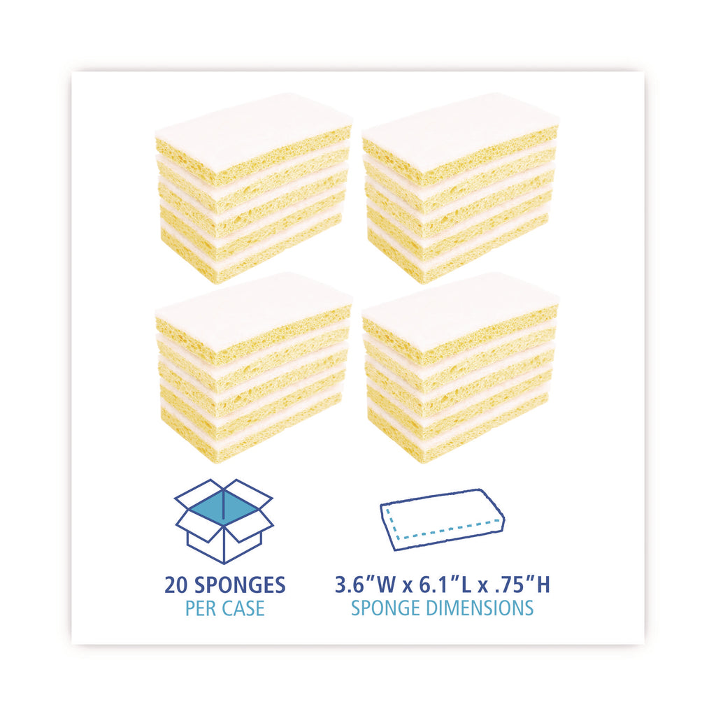 Scrubbing Sponge, Light Duty, 3.6 x 6.1, 0.7" Thick, Yellow/White, Individually Wrapped, 20/Carton