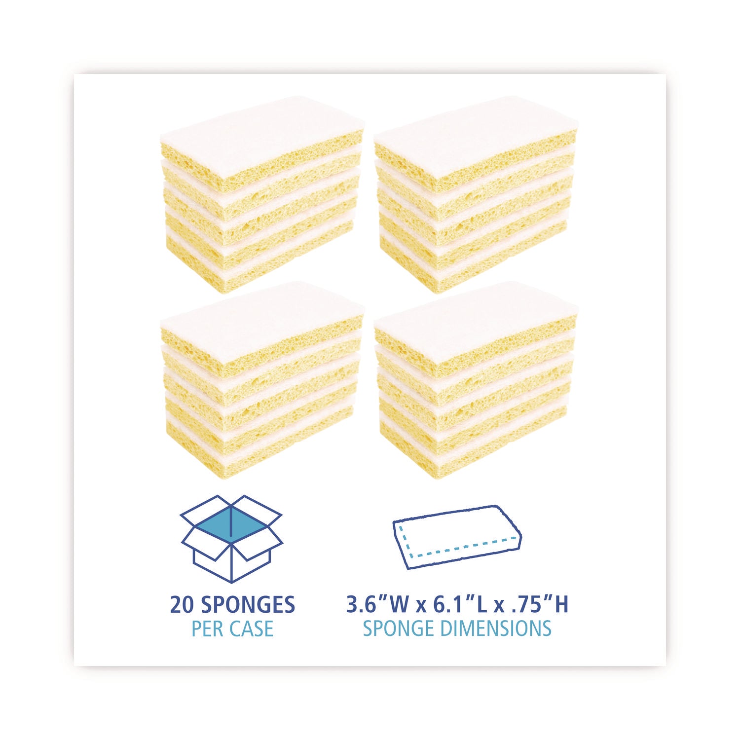 Scrubbing Sponge, Light Duty, 3.6 x 6.1, 0.7" Thick, Yellow/White, Individually Wrapped, 20/Carton