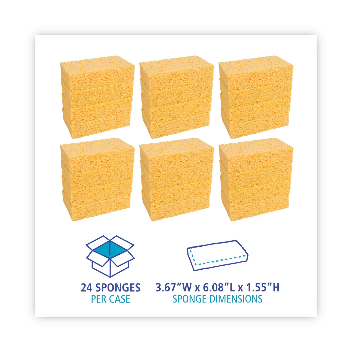 Medium Cellulose Sponge, 3.67 x 6.08, 1.55" Thick, Yellow, 24/Carton - 