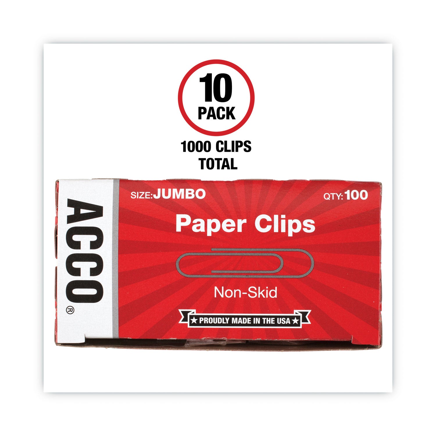 Paper Clips, Jumbo, Nonskid, Silver, 100 Clips/Box, 10 Boxes/Pack - 