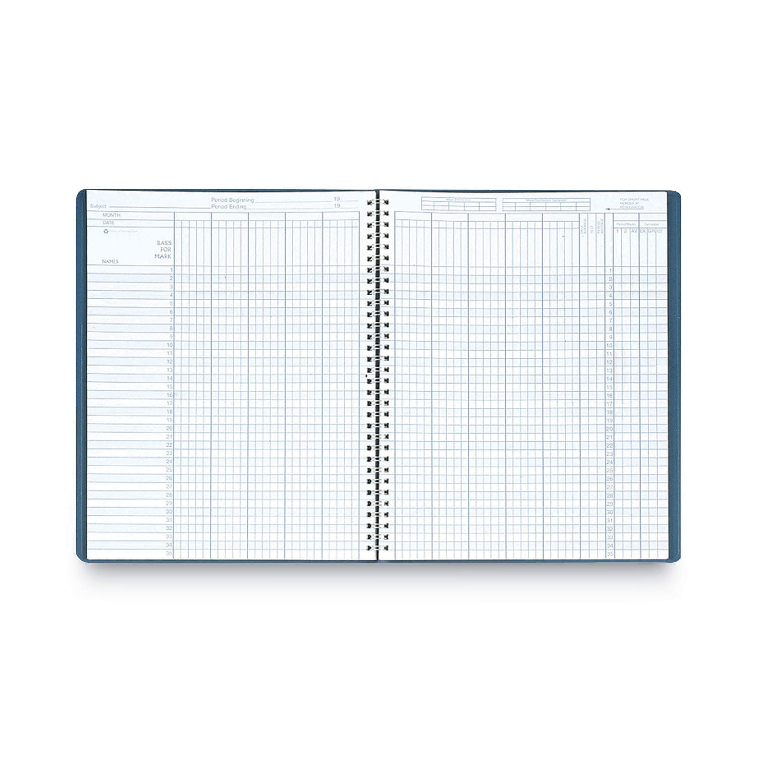 Recycled Class Record Book, 9-10 Week Term: Two-Page Spread (35 Students), Two-Page Spread (8 Classes), 11 x 8.5, Blue Cover - 