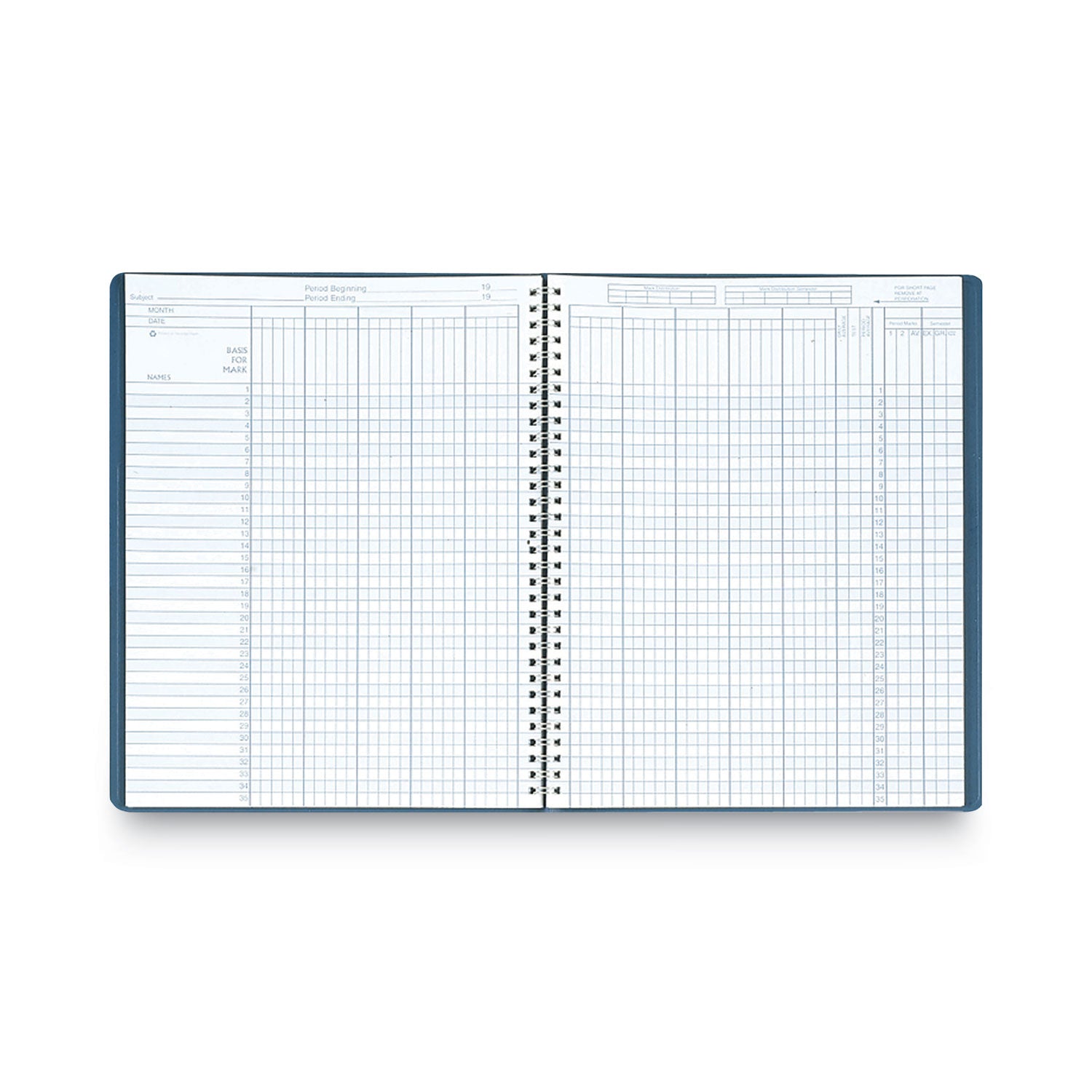 Recycled Class Record Book, 9-10 Week Term: Two-Page Spread (35 Students), Two-Page Spread (8 Classes), 11 x 8.5, Blue Cover