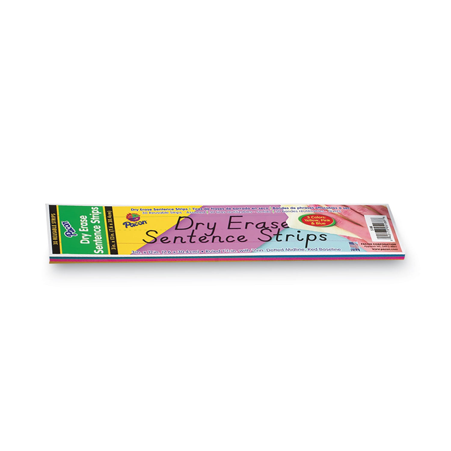 Dry Erase Sentence Strips, 12 x 3, Blue; Pink; Yellow, 30/Pack - 