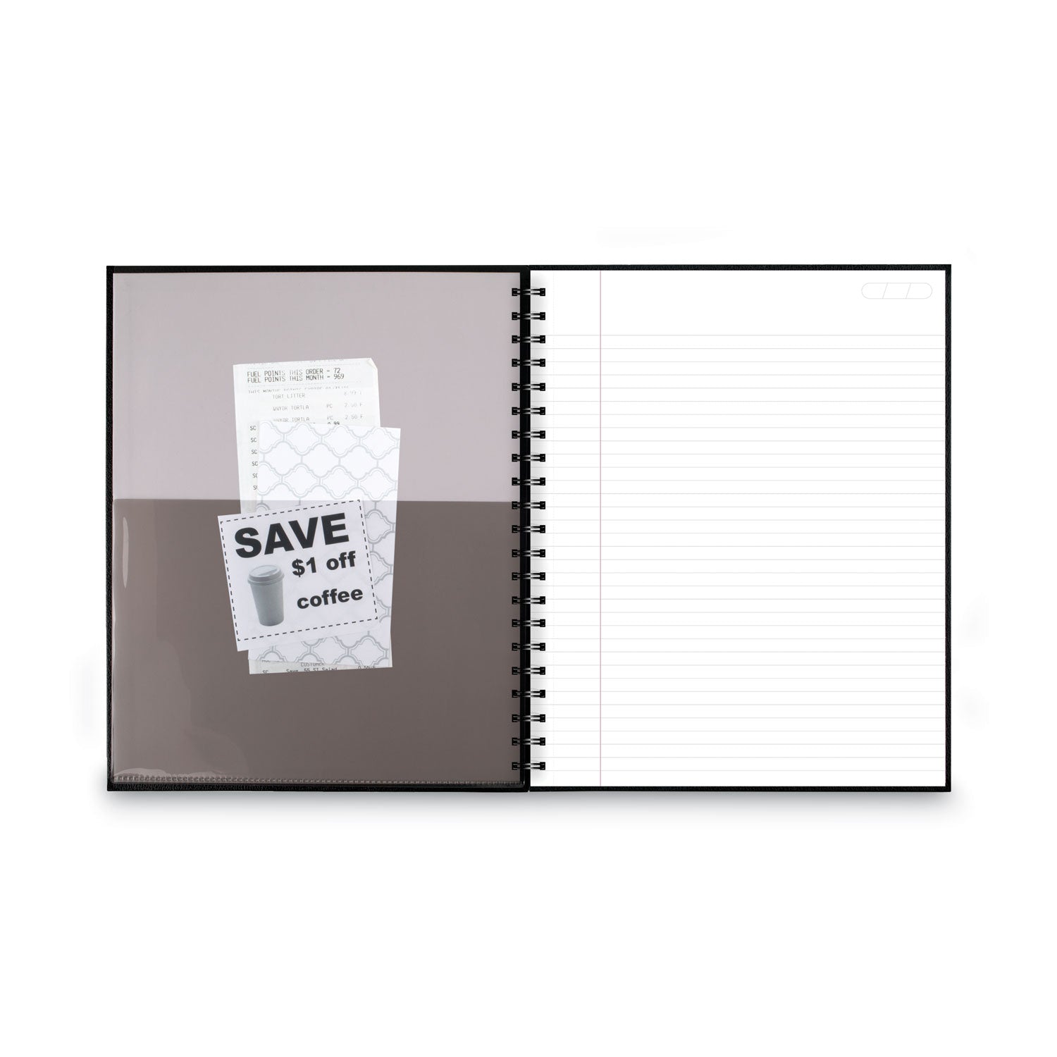 Hardbound Notebook with Pocket, 1-Subject, Wide/Legal Rule, Black Cover, (96) 11 x 8.5 Sheets - 