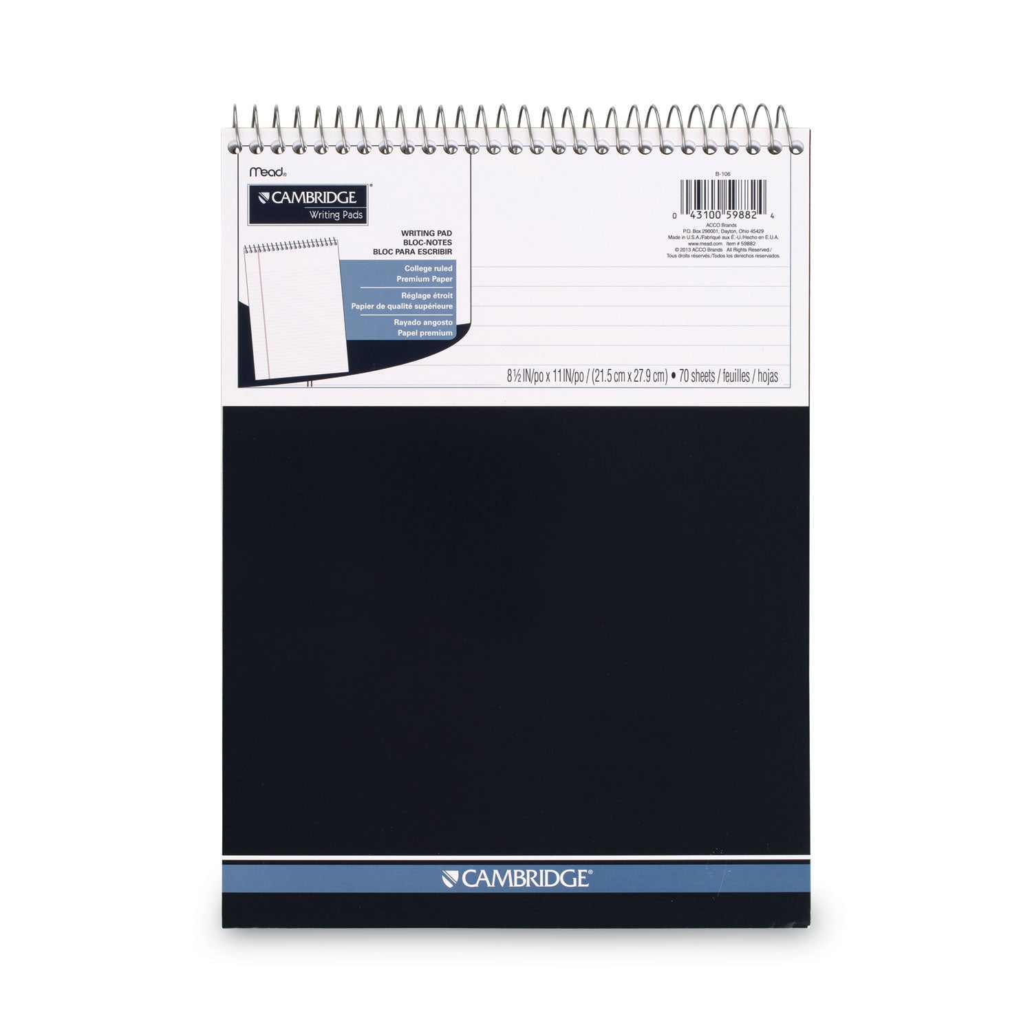 Stiff-Back Wire Bound Notepad, Medium/College Rule, Navy Cover, 70 White 8.5 x 11.5 Sheets - 