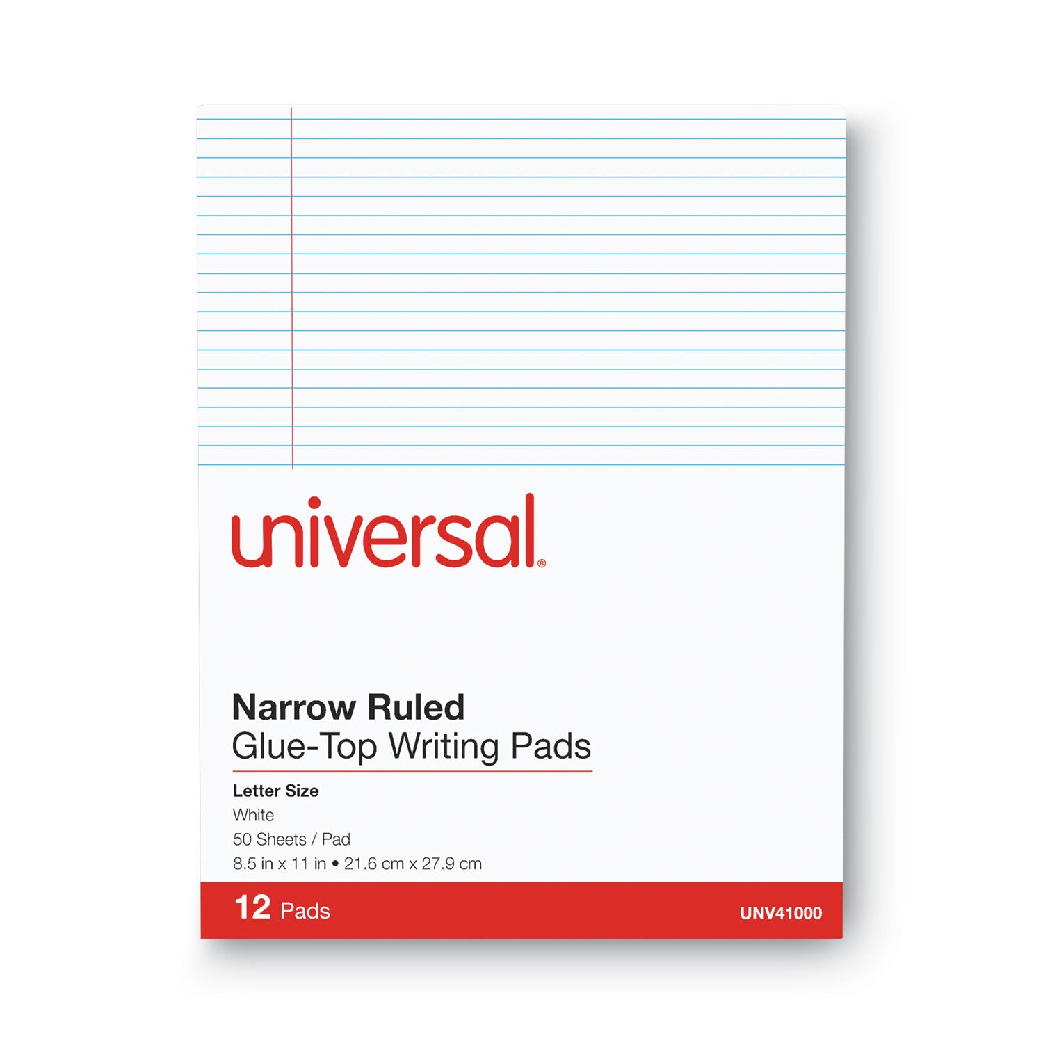 Glue Top Pads, Narrow Rule, 50 White 8.5 x 11 Sheets, Dozen - 