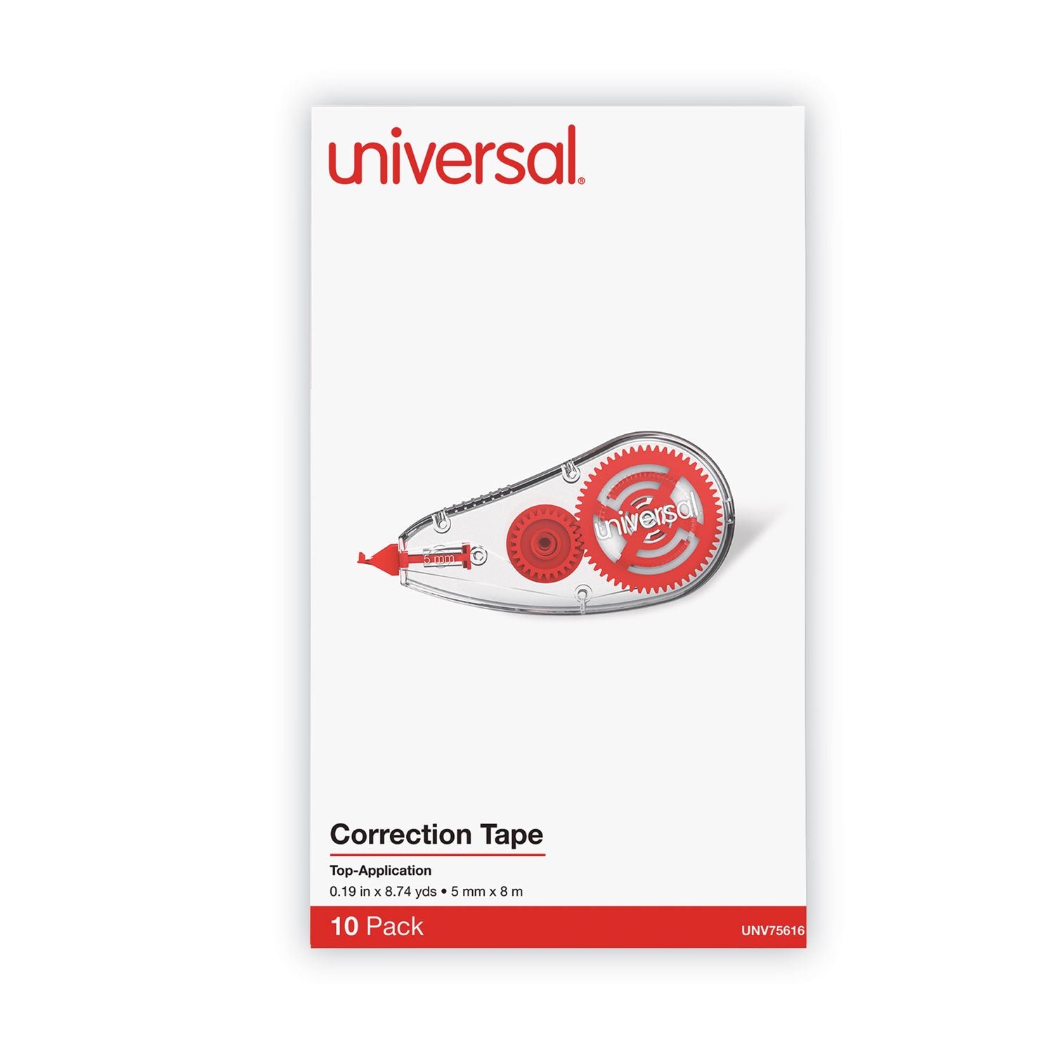 Correction Tape Dispenser, Non-Refillable, Transparent Red Applicator, 0.2" x 315", 10/Pack